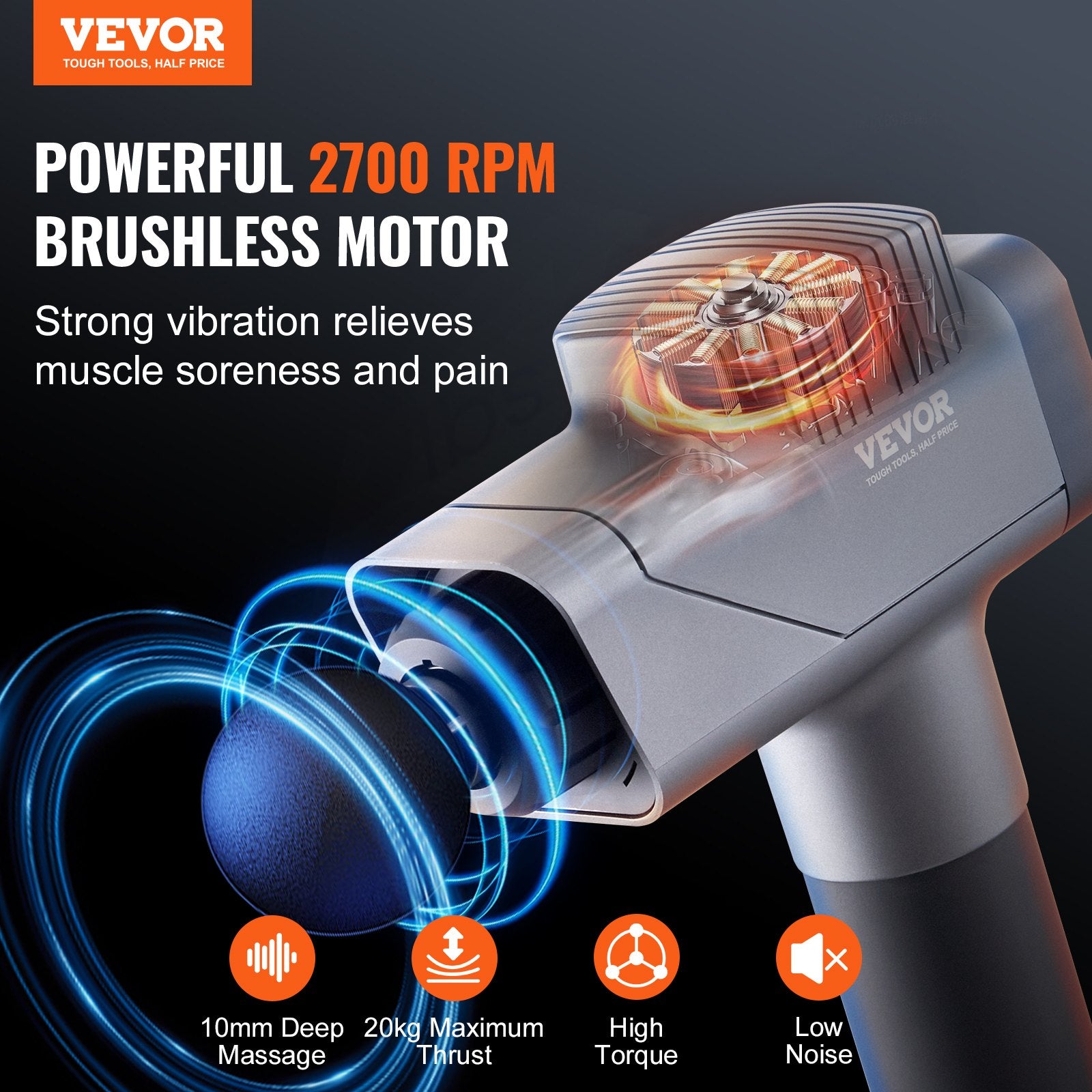 VEVOR Massage Gun Deep Tissue, Percussion Muscle Massager for Athletes - with 8 Speed Levels & 6 Massage Heads, 16V 2500mAh Batteries, Handheld Electric Massage Gun for Pain Relief, Muscle Relaxation