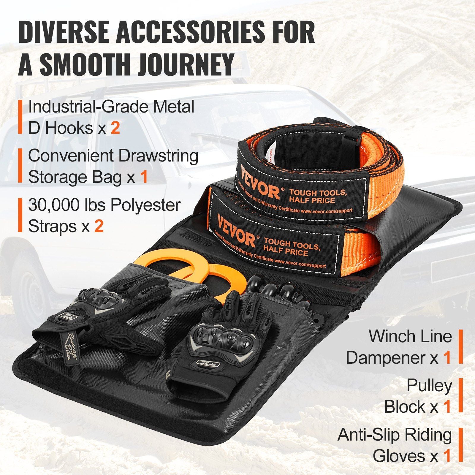 Off-Road Recovery Kit, 7.6 x 914.4 cm, Heavy Duty Winch Recovery Kit with 13608 kg Tow Straps, 20T D-Ring Shackles, Shackle Receiver, Snatch Block Pulley, Gloves, Storage Bag for ATV Jeep Truck