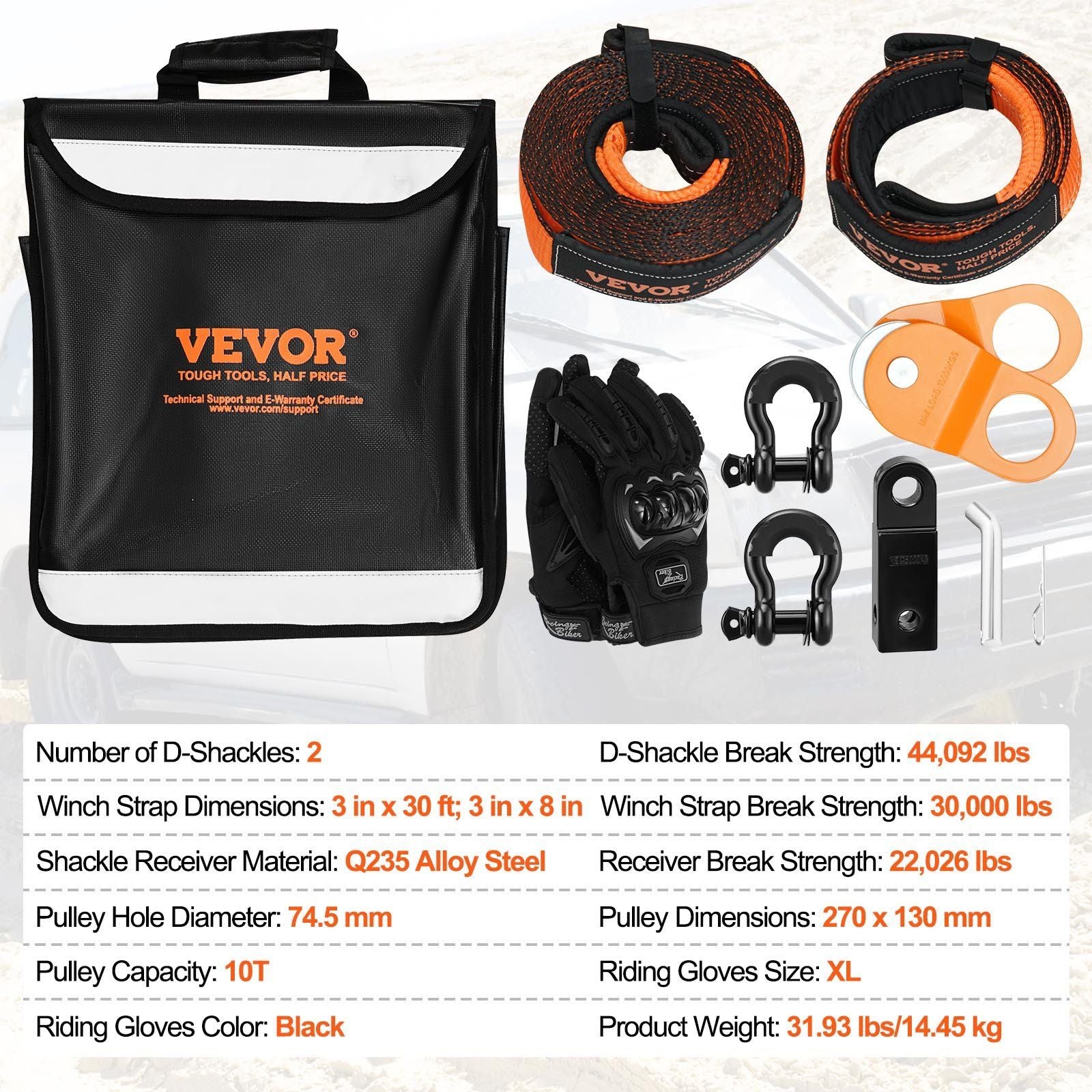 Off-Road Recovery Kit, 7.6 x 914.4 cm, Heavy Duty Winch Recovery Kit with 13608 kg Tow Straps, 20T D-Ring Shackles, Shackle Receiver, Snatch Block Pulley, Gloves, Storage Bag for ATV Jeep Truck