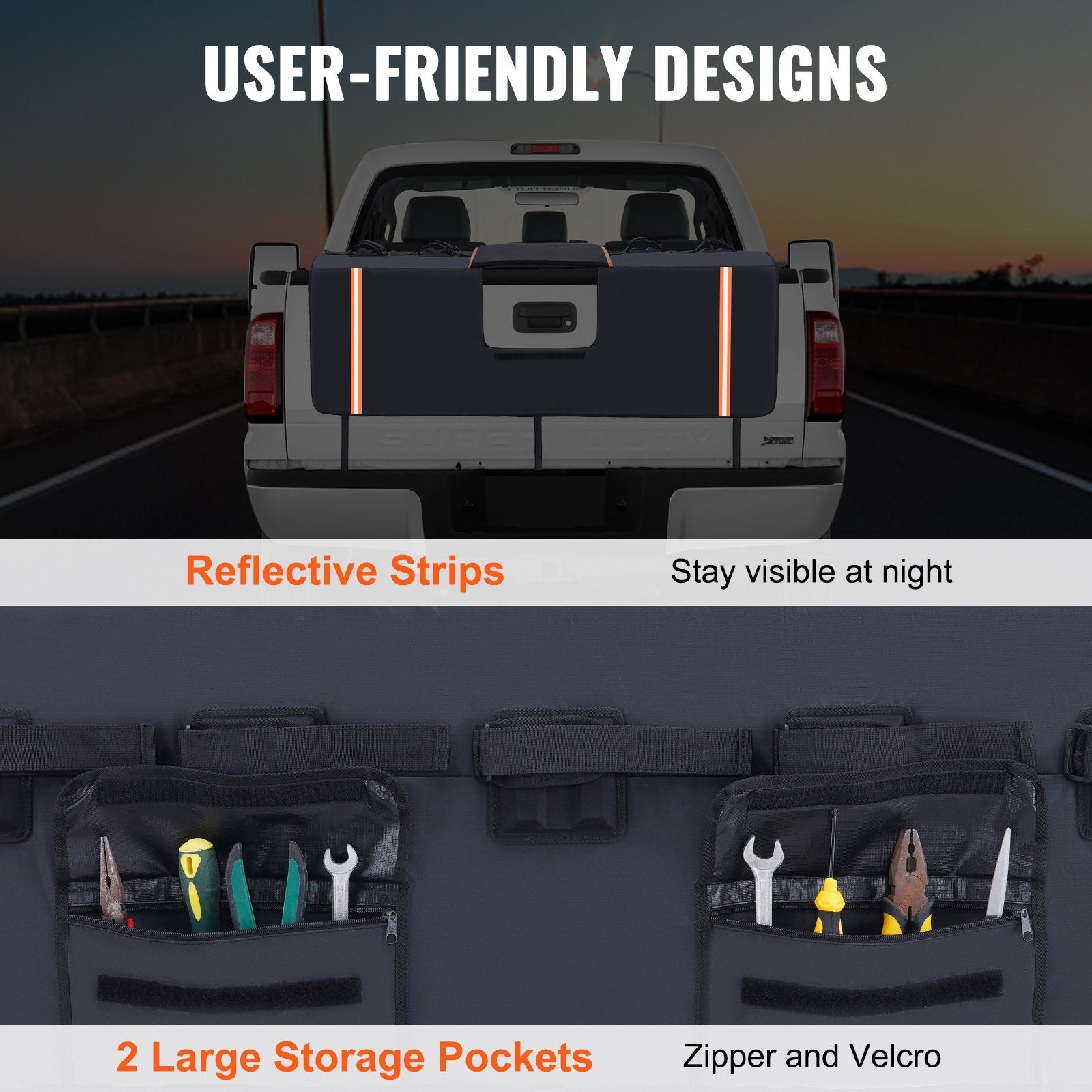 VEVOR Tailgate Bike Pad, 62" Truck Tailgate Pad Carry 6 Mountain Bikes, Upgraded Grooves Tailgate Protection Pad with Reflective Strips and Tool Pockets, with Camera Opening for Most Pickup Trucks