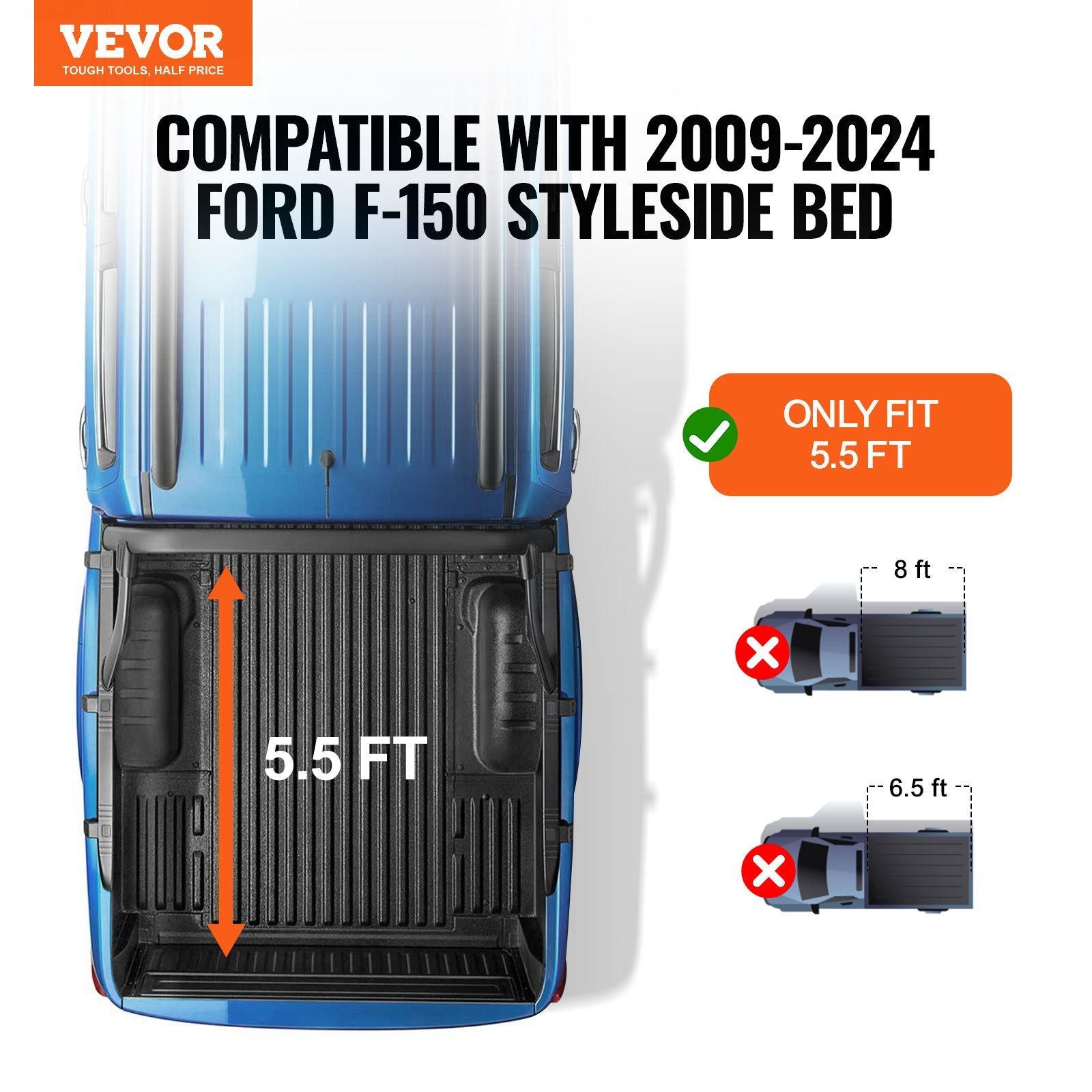 Truck Bed Cover, Roll Up Truck Bed Tonneau Cover, Compatible with 2009-2024 Ford F-150 Styleside Bed, for 1.7m x 1.7m Bed, Soft PVC material, 100% Bed Access Roll Up Tonneau Cover