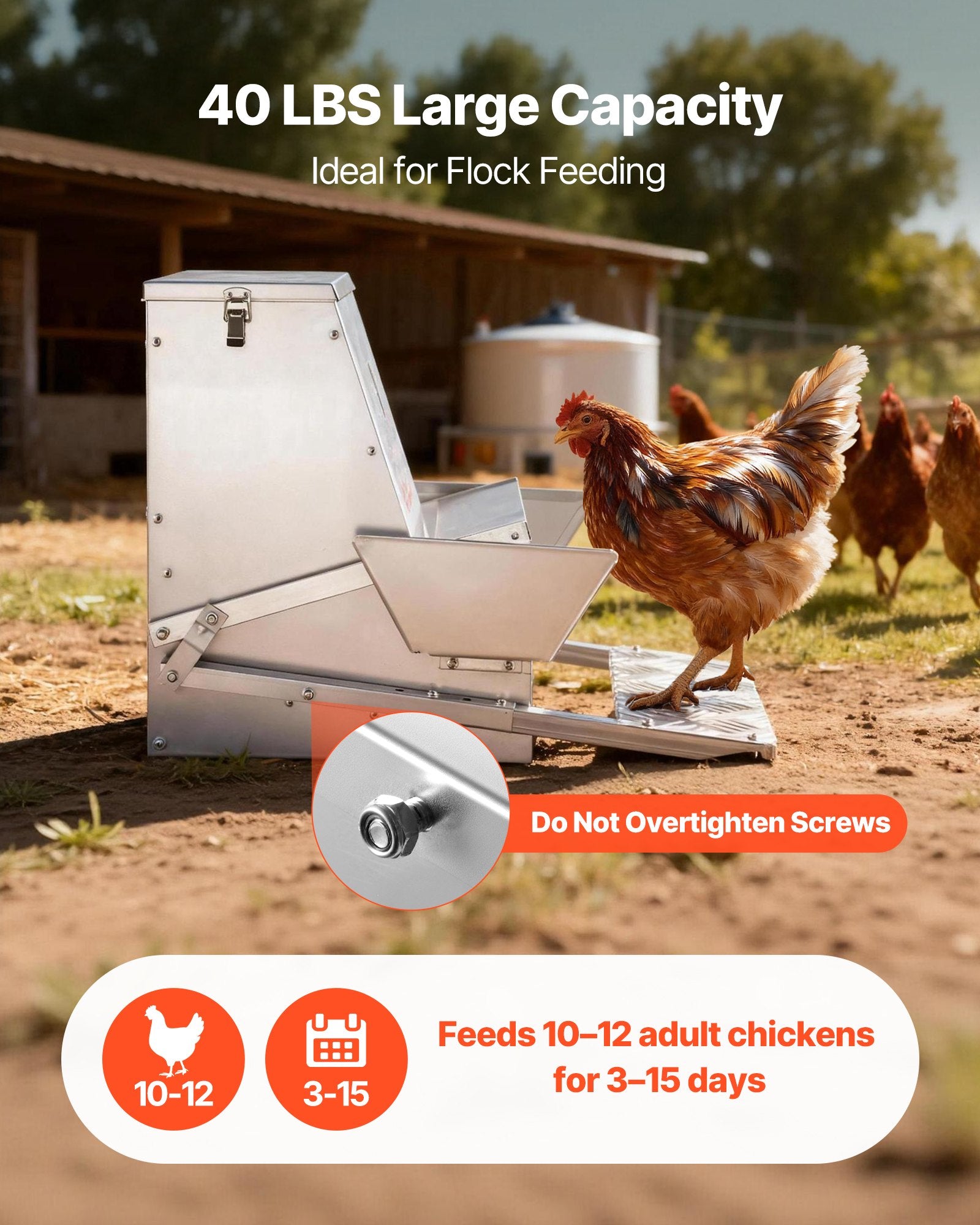 VEVOR Automatic Chicken Feeder, 18.14 kg Capacity, Rainproof Treadle Poultry Feeder with Lockable Lid, No Waste, Galvanized Steel Construction, Outdoor Use, for Chicken, Bantams, Poultry, Pheasants