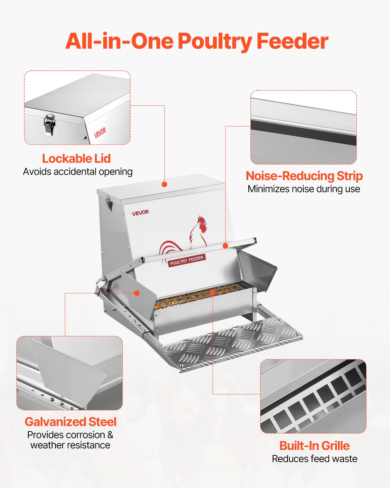 VEVOR Automatic Chicken Feeder, 18.14 kg Capacity, Rainproof Treadle Poultry Feeder with Lockable Lid, No Waste, Galvanized Steel Construction, Outdoor Use, for Chicken, Bantams, Poultry, Pheasants