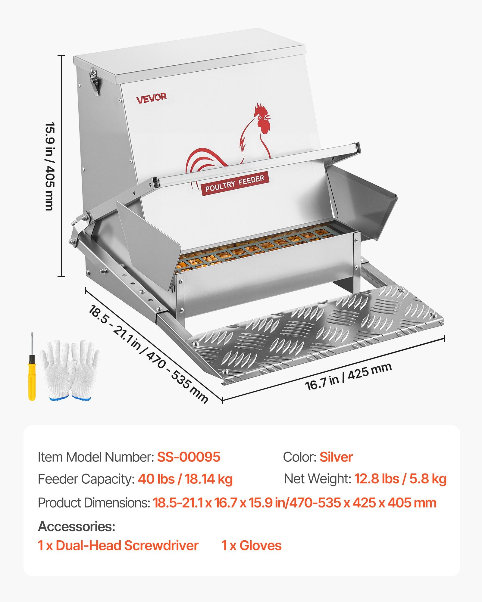 VEVOR Automatic Chicken Feeder, 18.14 kg Capacity, Rainproof Treadle Poultry Feeder with Lockable Lid, No Waste, Galvanized Steel Construction, Outdoor Use, for Chicken, Bantams, Poultry, Pheasants