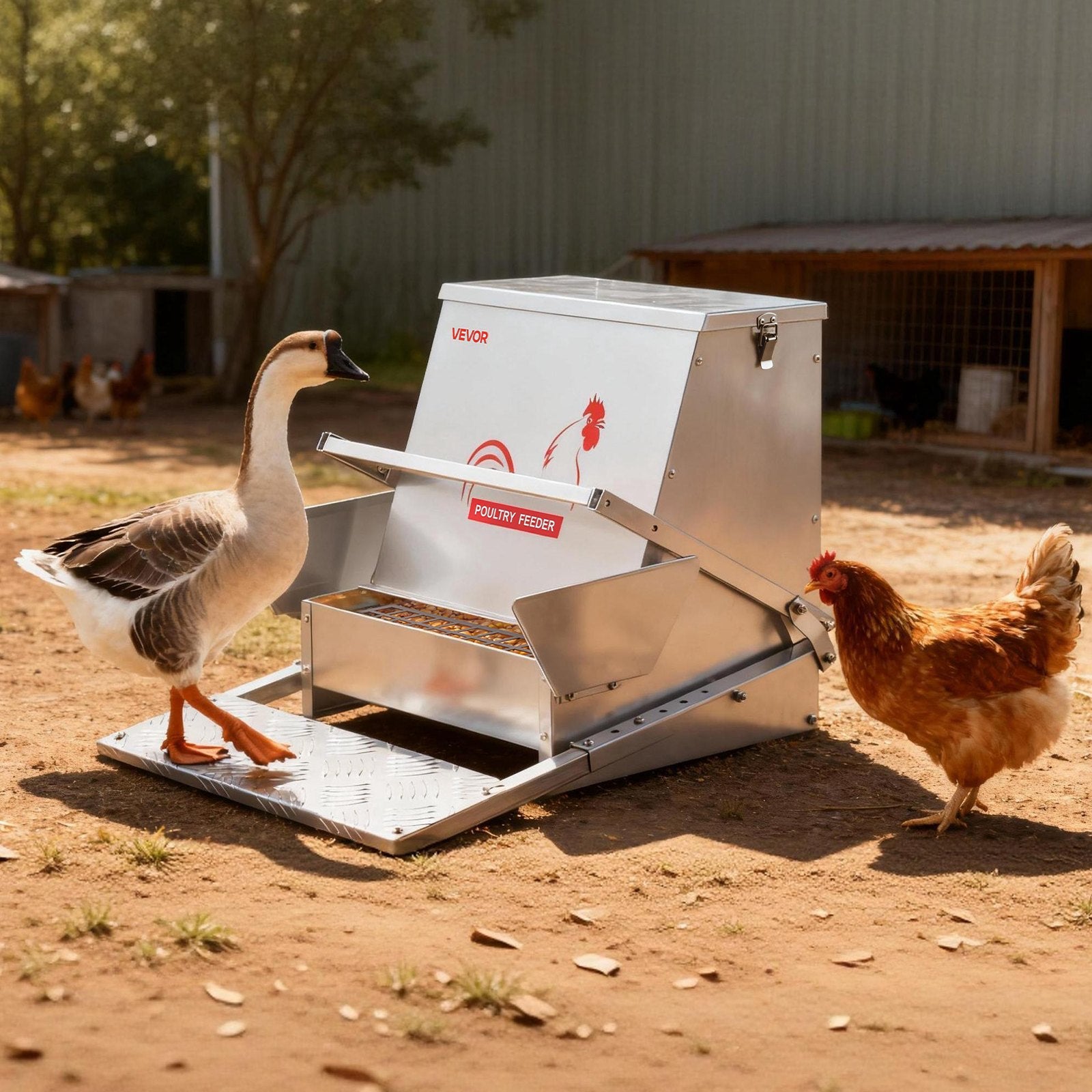 VEVOR Automatic Chicken Feeder, 18.14 kg Capacity, Rainproof Treadle Poultry Feeder with Lockable Lid, No Waste, Galvanized Steel Construction, Outdoor Use, for Chicken, Bantams, Poultry, Pheasants