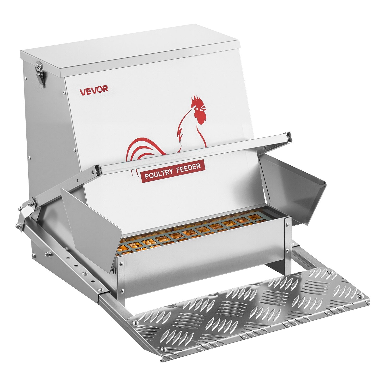 VEVOR Automatic Chicken Feeder, 18.14 kg Capacity, Rainproof Treadle Poultry Feeder with Lockable Lid, No Waste, Galvanized Steel Construction, Outdoor Use, for Chicken, Bantams, Poultry, Pheasants