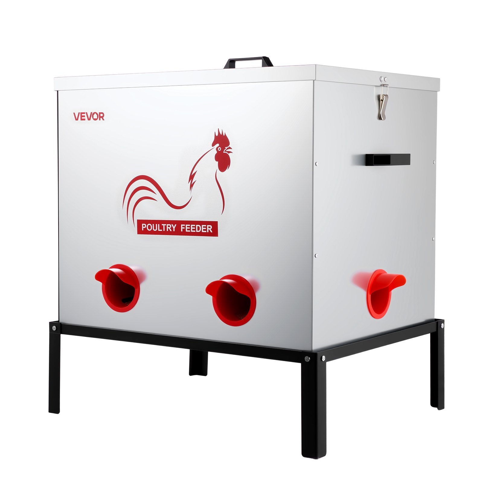 VEVOR Automatic Chicken Feeder, 38.56 kg Capacity, 6 Feeding Ports No-Waste Poultry Feeder with Built-In Divider, with Latch & Handle, Metal Construction, for Chickens Bantams Pheasants Poultry Coop