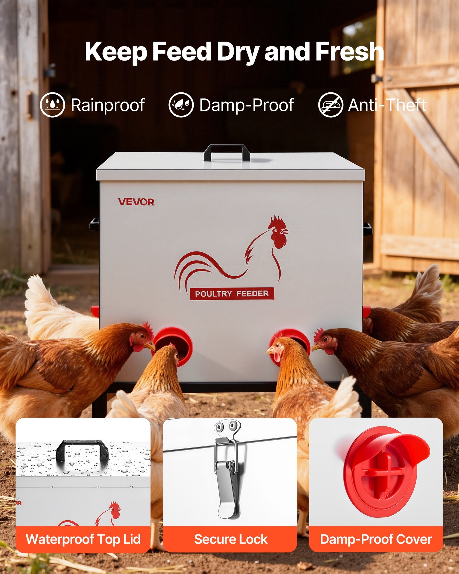 VEVOR Automatic Chicken Feeder, 38.56 kg Capacity, 6 Feeding Ports No-Waste Poultry Feeder with Built-In Divider, with Latch & Handle, Metal Construction, for Chickens Bantams Pheasants Poultry Coop