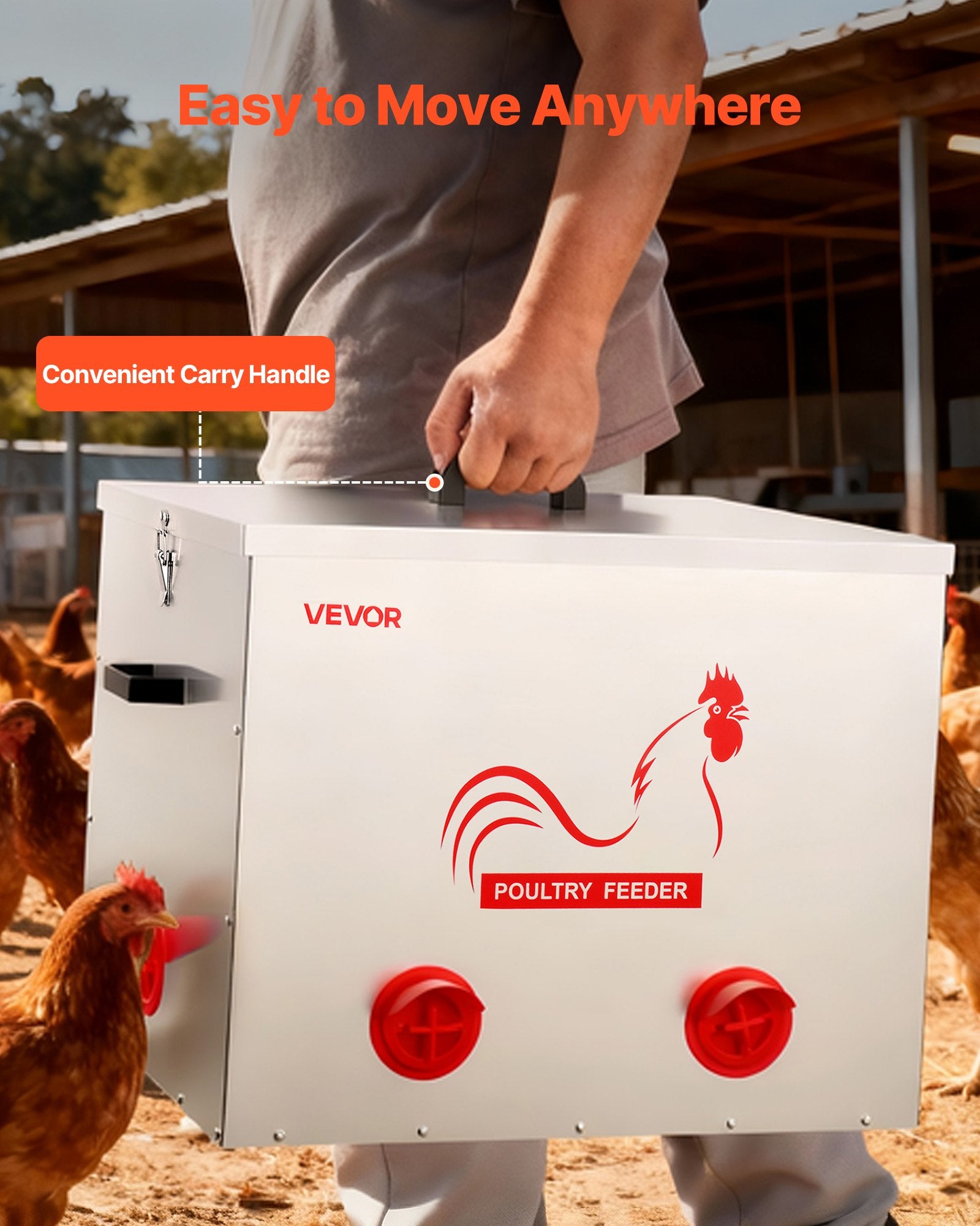 VEVOR Automatic Chicken Feeder, 38.56 kg Capacity, 6 Feeding Ports No-Waste Poultry Feeder with Built-In Divider, with Latch & Handle, Metal Construction, for Chickens Bantams Pheasants Poultry Coop