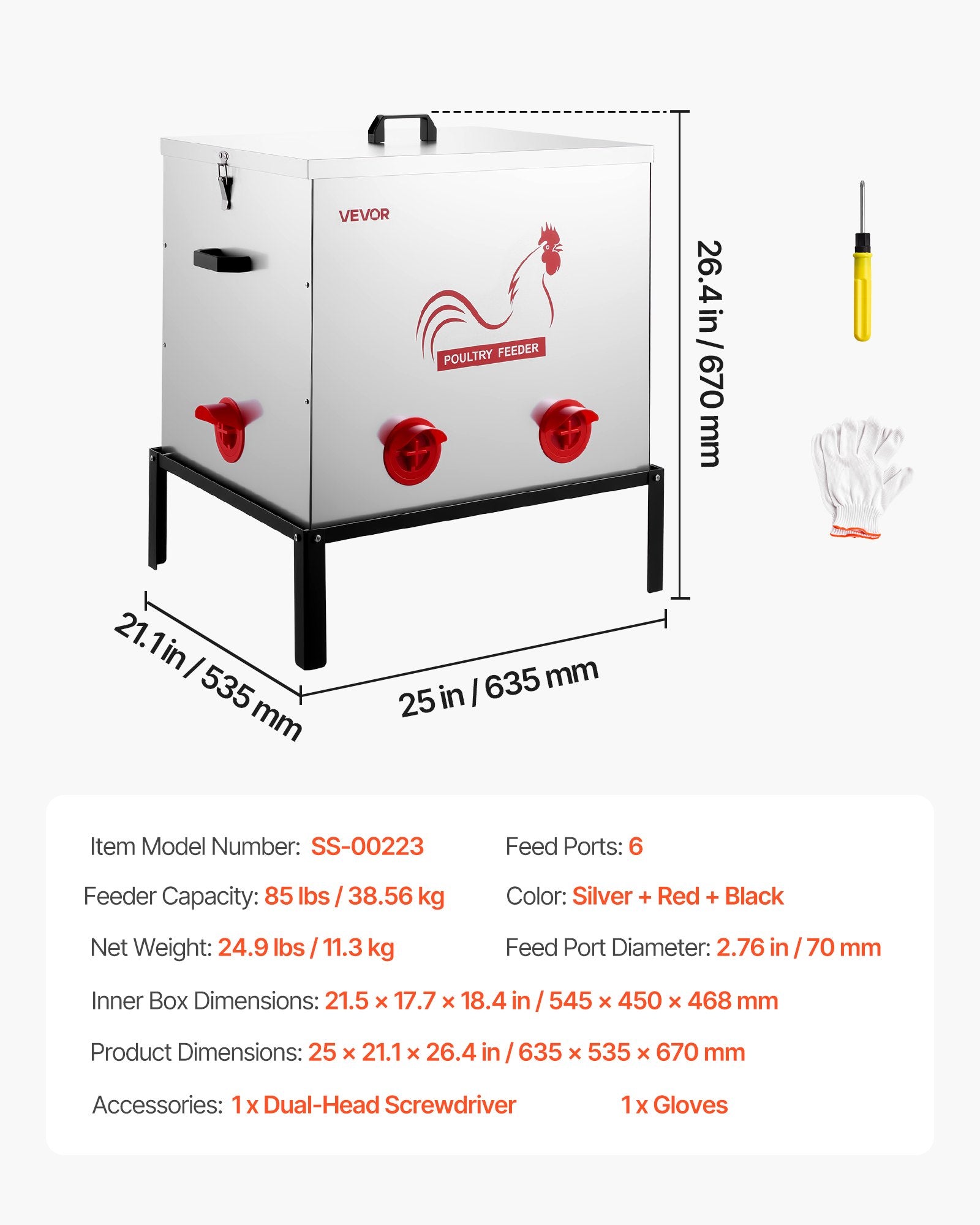 VEVOR Automatic Chicken Feeder, 38.56 kg Capacity, 6 Feeding Ports No-Waste Poultry Feeder with Built-In Divider, with Latch & Handle, Metal Construction, for Chickens Bantams Pheasants Poultry Coop