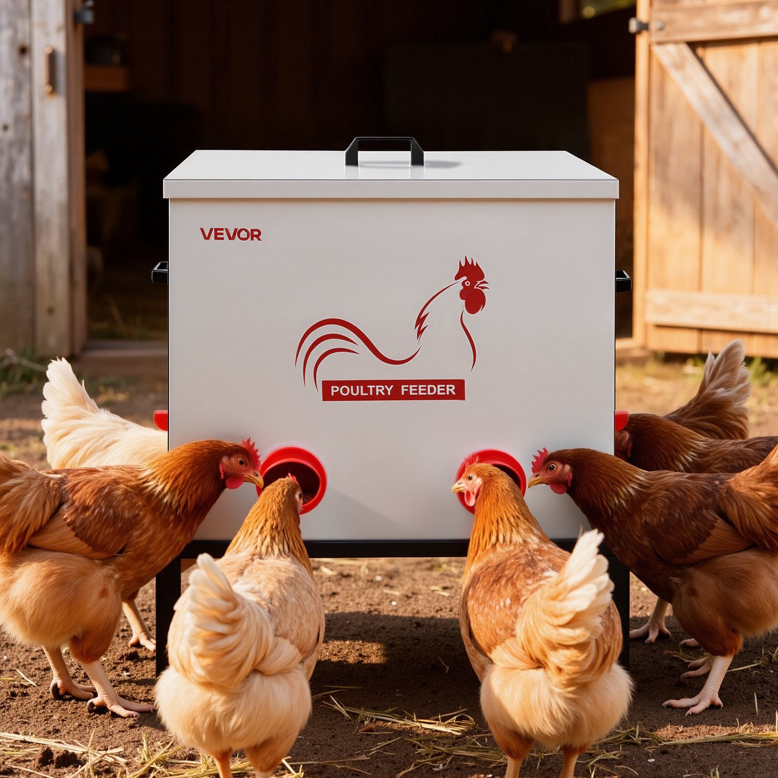 VEVOR Automatic Chicken Feeder, 38.56 kg Capacity, 6 Feeding Ports No-Waste Poultry Feeder with Built-In Divider, with Latch & Handle, Metal Construction, for Chickens Bantams Pheasants Poultry Coop