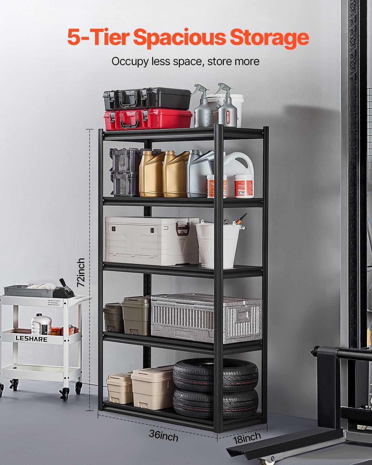 Storage Shelves, 2000 lbs, 5 Tier Garage Storage Shelving, 18" D x 40" W x 72" H Adjustable Metal Shelves for Garage Shelves Utility Rack Shelf, Ideal for Kitchen, Warehouse, Basement, Black