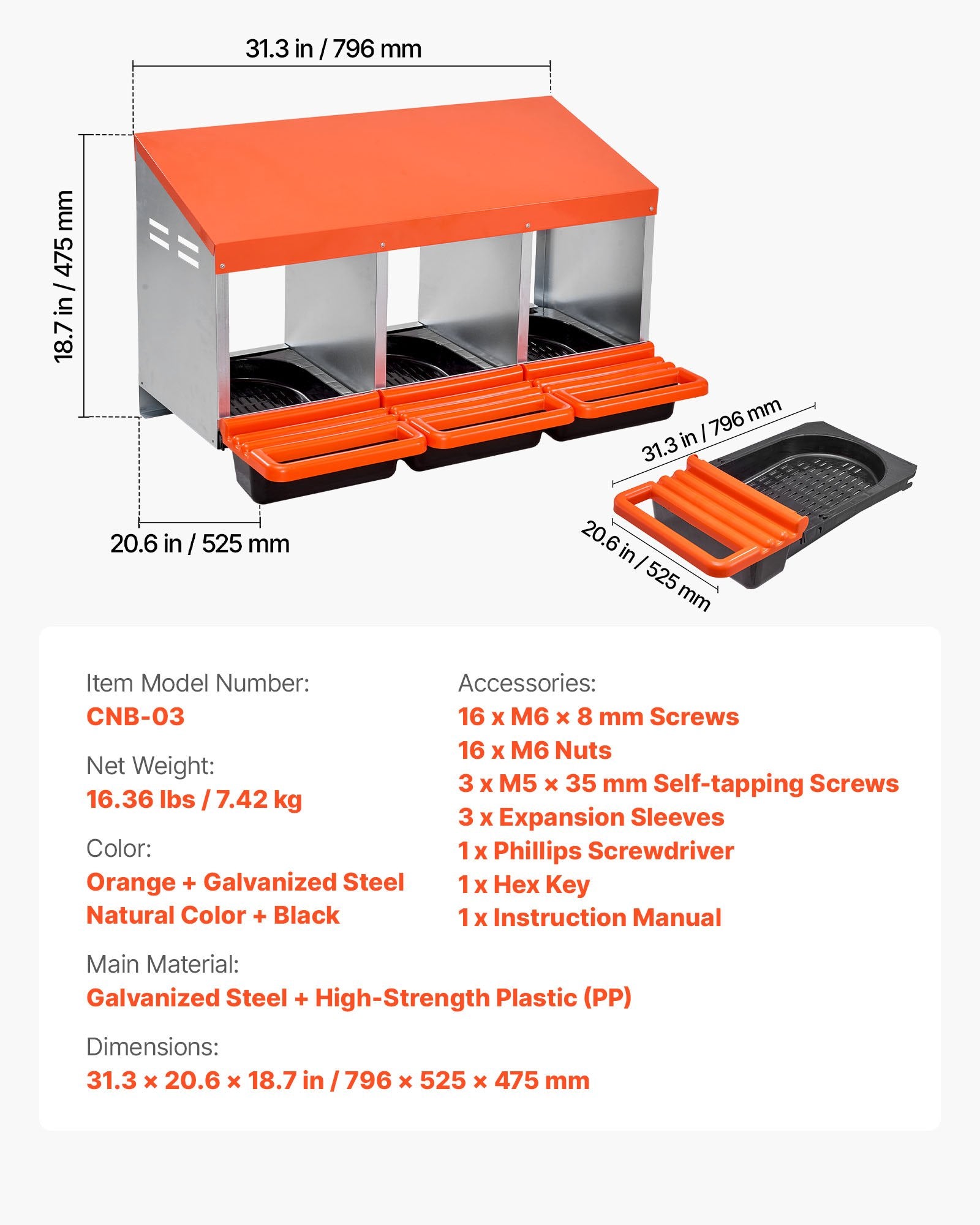 VEVOR Chicken Nest Box, 3-Compartment, 15 to 30 in Stable & Corrosion-Resistant Metal Nesting Boxes with Inclined Nesting Boxes, Bottom Holes & Resting Platform, Fit for Different Chicken Breeds