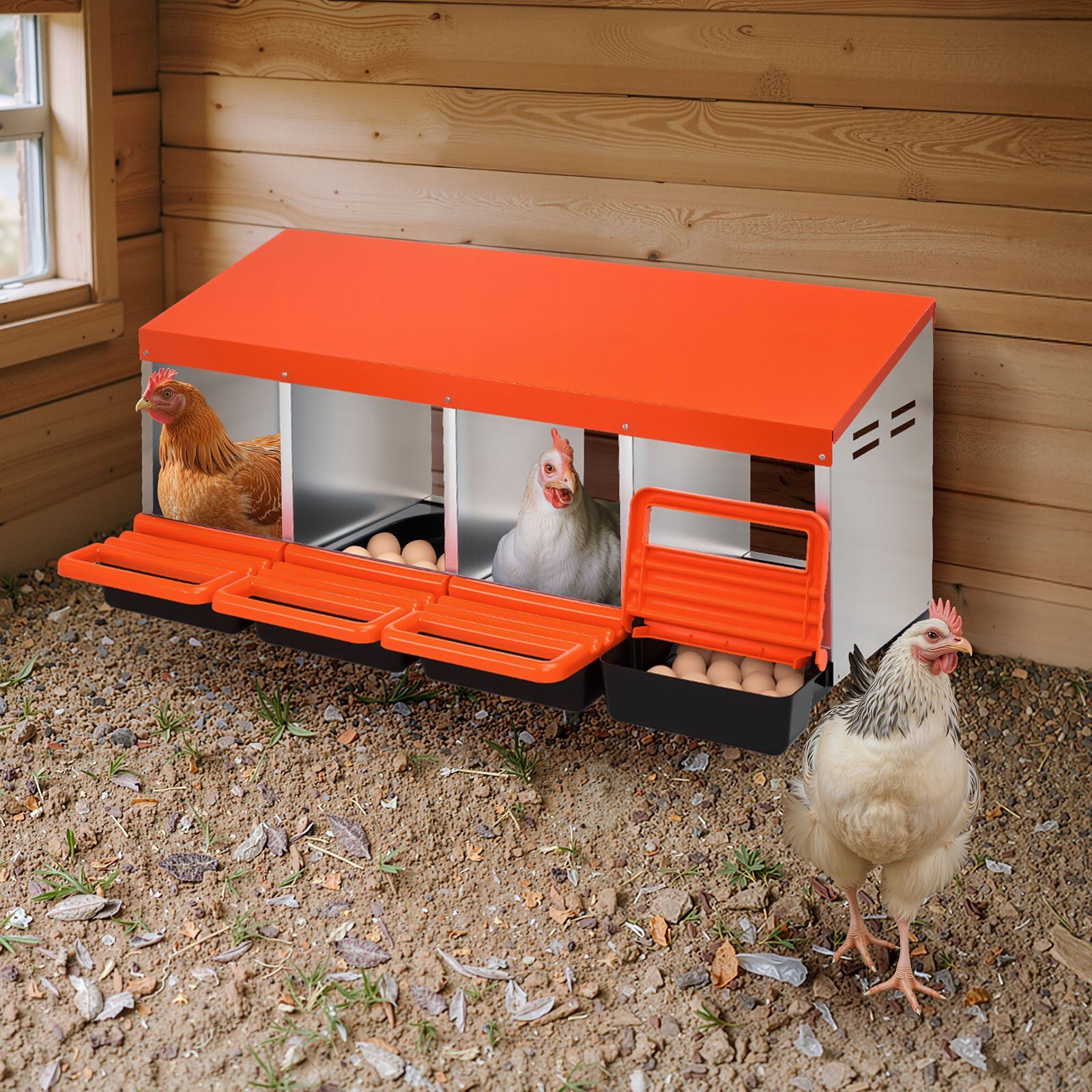 Chicken Nesting Boxes, 4 Compartments, Metal Egg Laying Boxes with Protective Collection Lids, Roll Out Nesting Box, Easy to Assemble, Ideal for Hens, Ducks, Chickens, and Other Poultry, Orange
