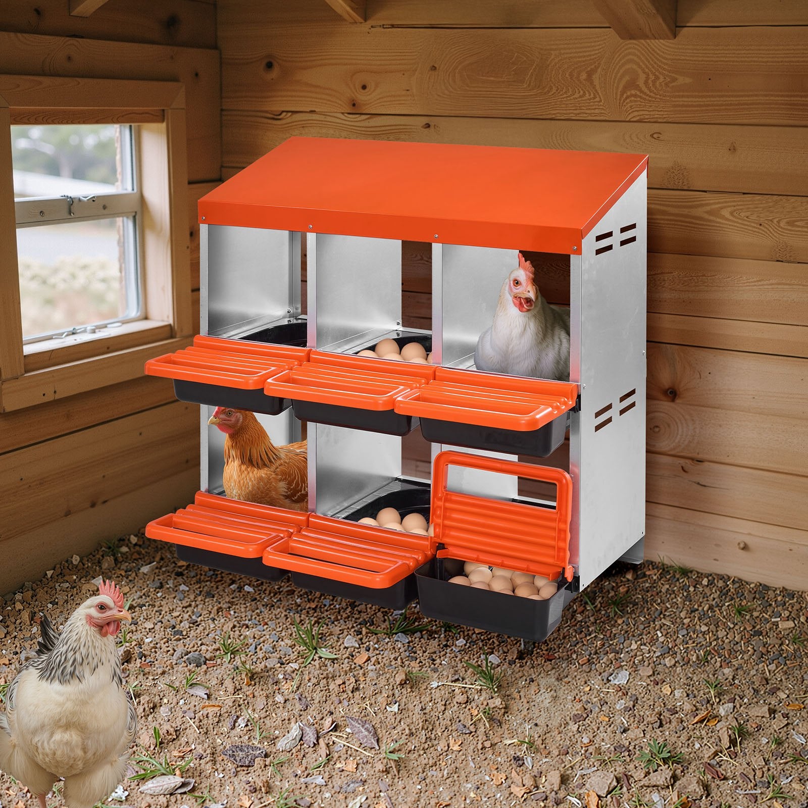 VEVOR 2 Tiers Chicken Nesting Boxes, 6 Compartments, Metal Egg Laying Boxes with Protective Collection Lids, Roll Out Nesting Box, Easy to Assemble, Ideal for Hens, Ducks, Chickens, and Other Poultry