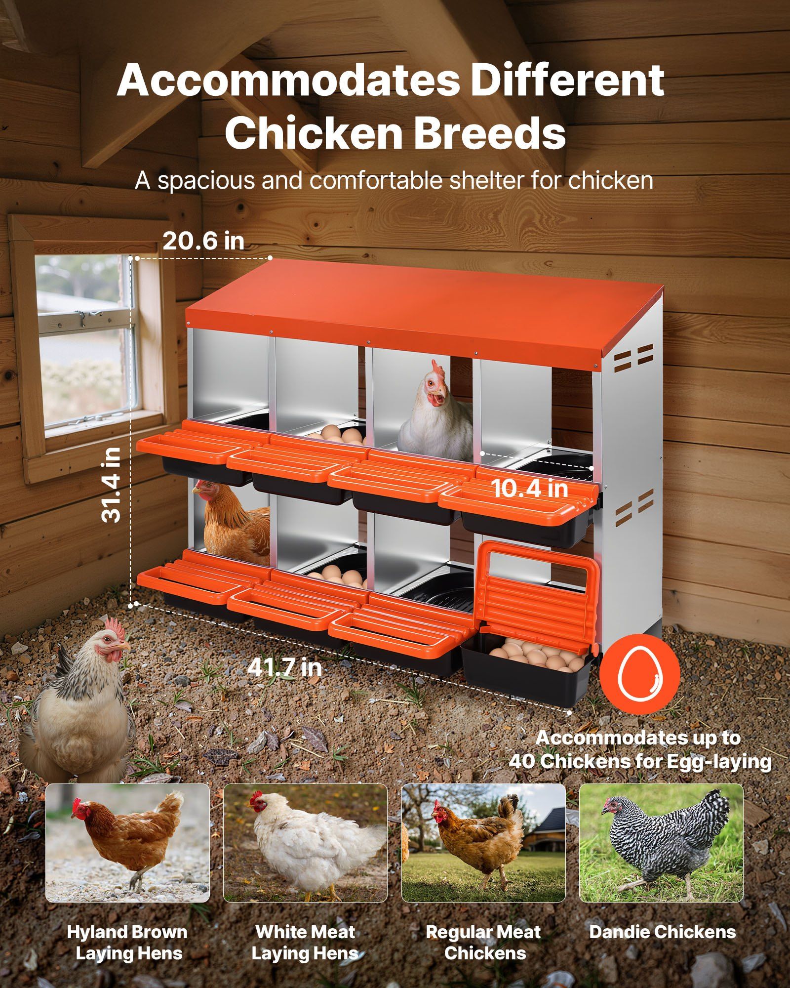 2 Tiers Chicken Nesting Boxes, 8 Compartments, Metal Egg Laying Boxes with Protective Collection Lids, Roll Out Nesting Box, Easy to Assemble, Ideal for Hens, Ducks, Chickens, and Other Poultry