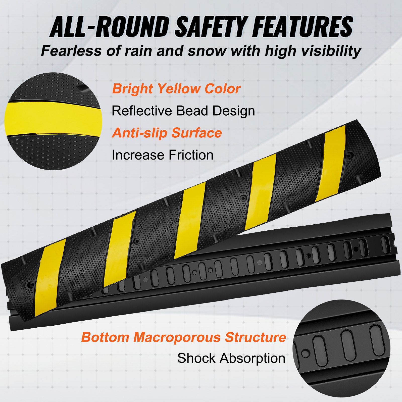 VEVOR 6 ft Rubber Speed Hump, 2 Channel, 10000 kg/axle Load Capacity Heavy Duty Traffic Speed Bump, with High Reflective Yellow Strip 4 Expansion Screws and 1 Drill, for Asphalt Concrete Gravel Roads