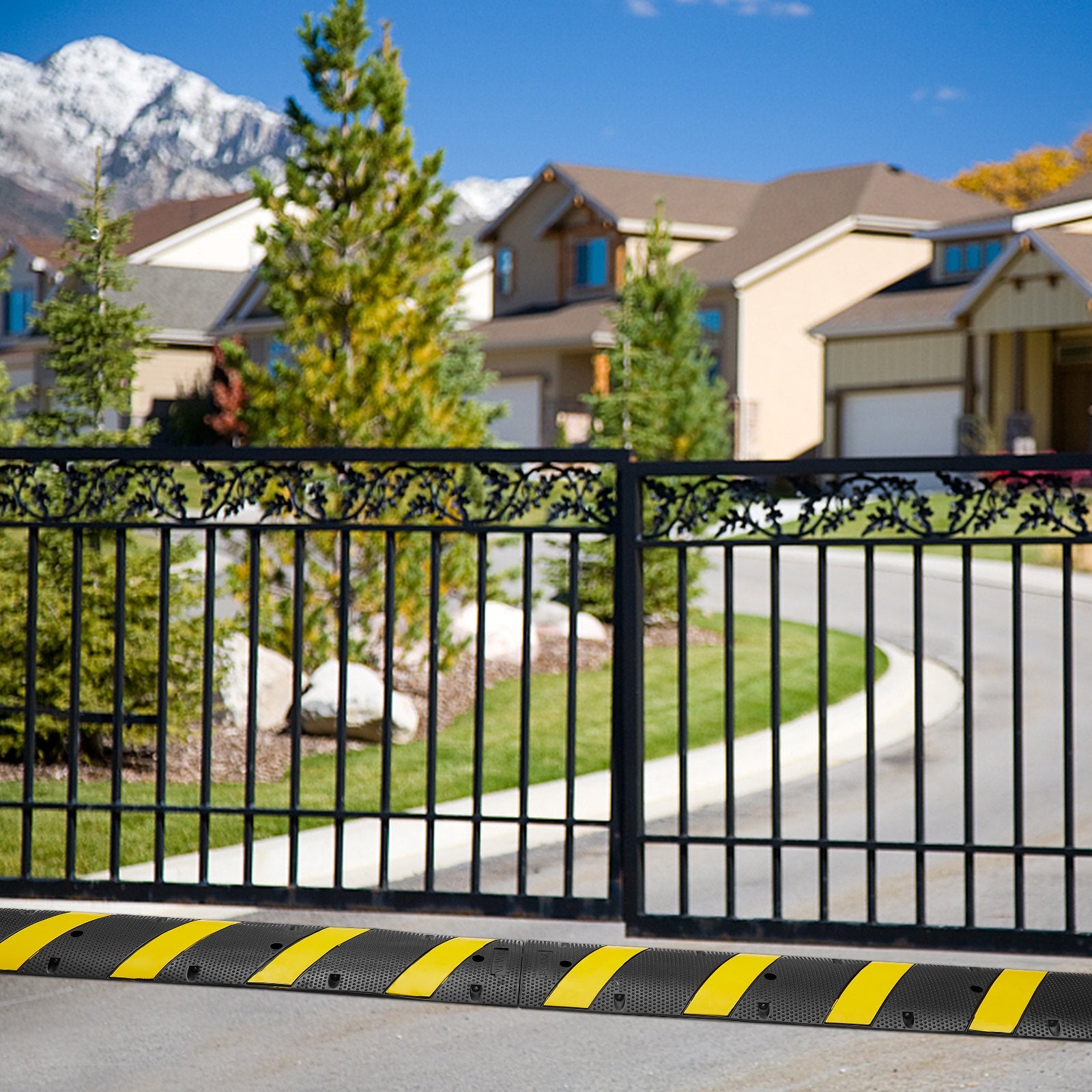 VEVOR 6 ft Rubber Speed Hump, 2 Channel, 10000 kg/axle Load Capacity Heavy Duty Traffic Speed Bump, with High Reflective Yellow Strip 4 Expansion Screws and 1 Drill, for Asphalt Concrete Gravel Roads