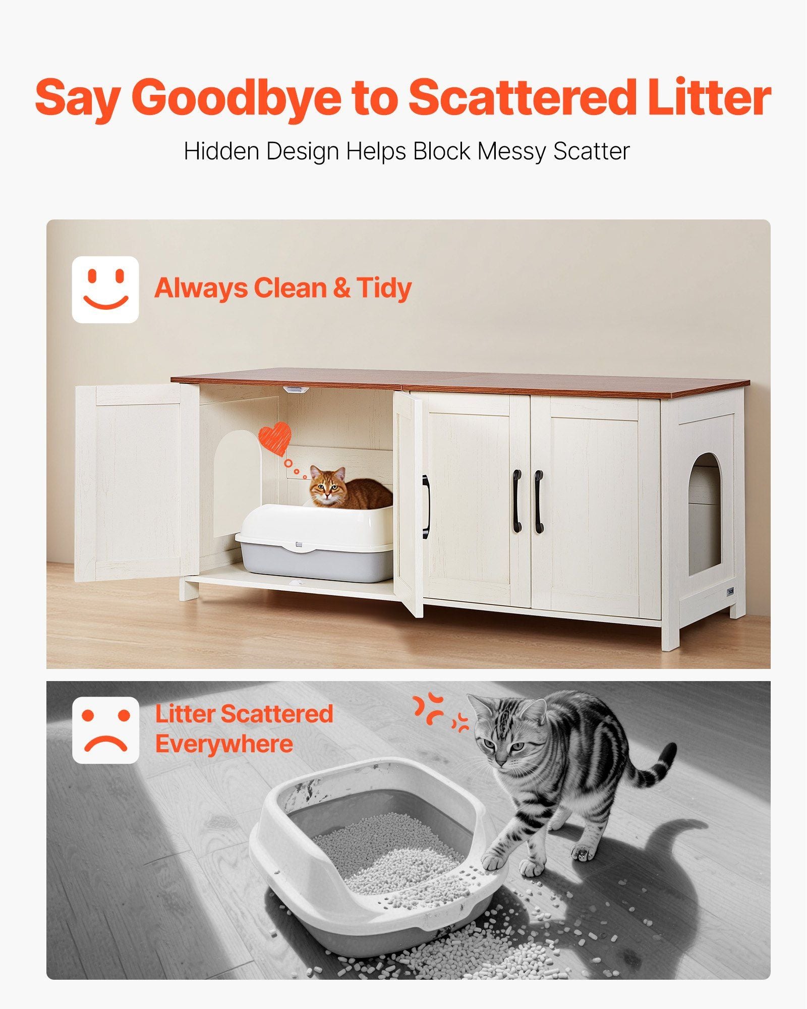 Cat Litter Box Enclosure for Multi Cats, 120 cm Hidden Litter Box Cabinet with 4 Doors & 2 Entries, Indoor Cat Washroom, Wooden Kitty House Furniture, Fit Most Litterboxes, Brown & White
