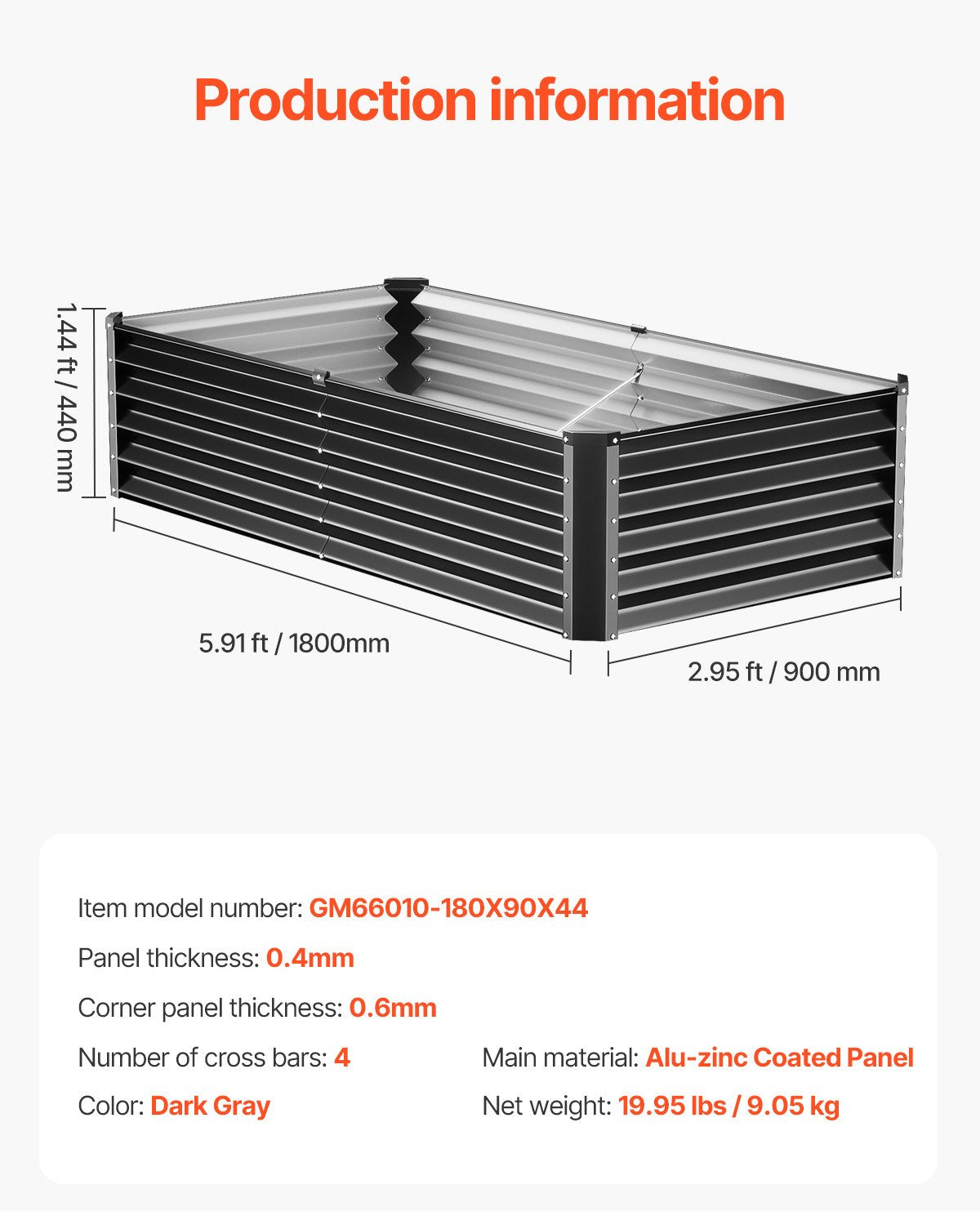 VEVOR Metal Raised Garden Bed, 6 x 3 x 1.5 ft Outdoor Galvanized Planter Box, with Open Bottom, Large Planter Raised Bed for Gardening Vegetables, Flowers, Herbs, and Succulent Plants, Dark Gray