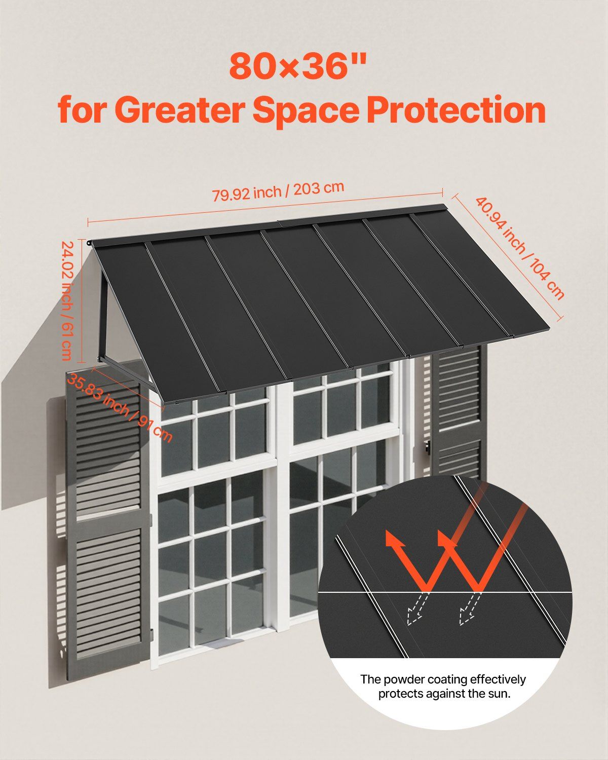 Fixed Metal Awning 2032 × 910 mm, Window Awning Door Canopy, Stable Triangle Steel Frame Exterior Awnings Rain, and Snow Sunlight Protection for Door Entrance, Windows, Porches, Balconies