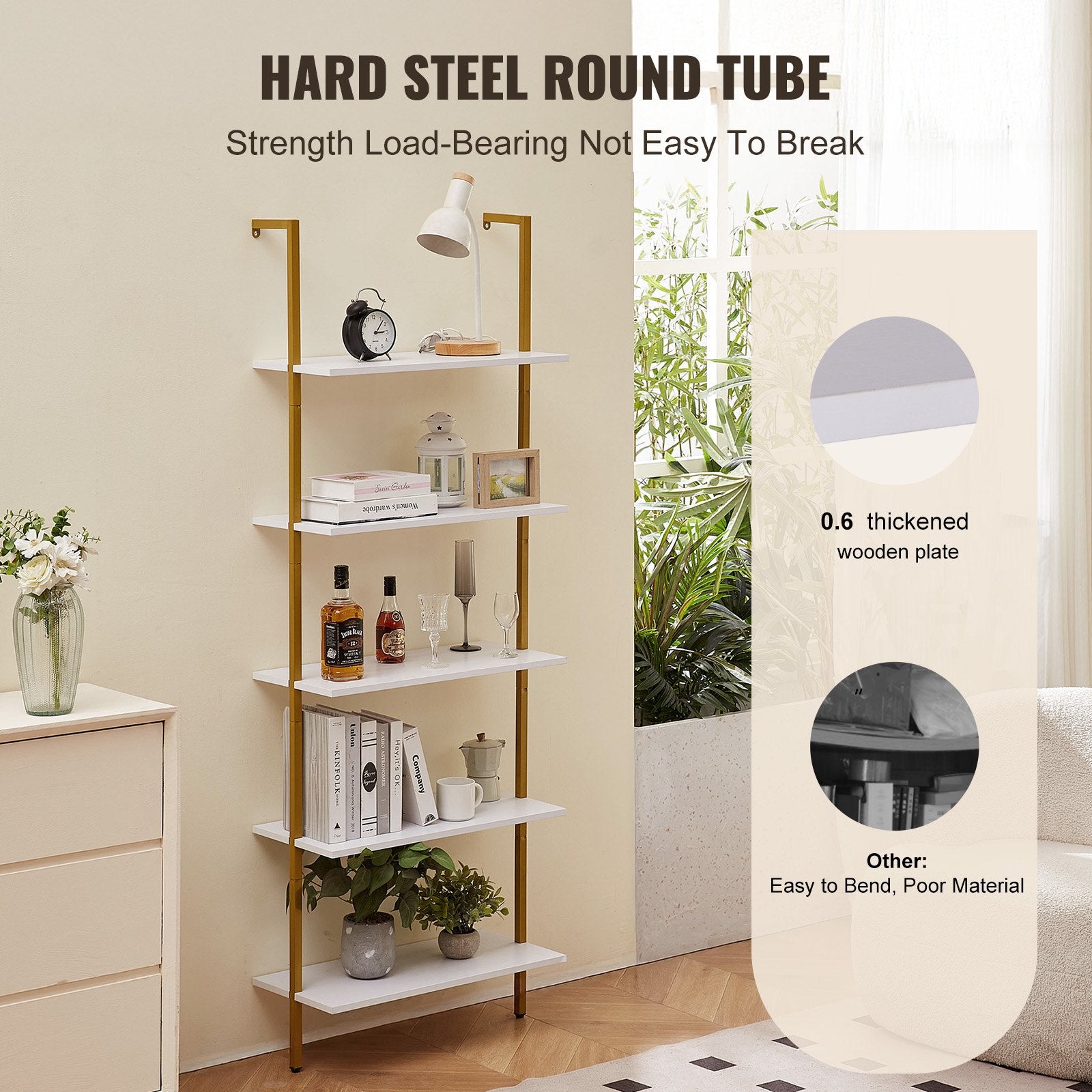VEVOR Industrial Square Pipe Shelf 5 Tier 64x30x182.5cm Wall-Mount Gold White