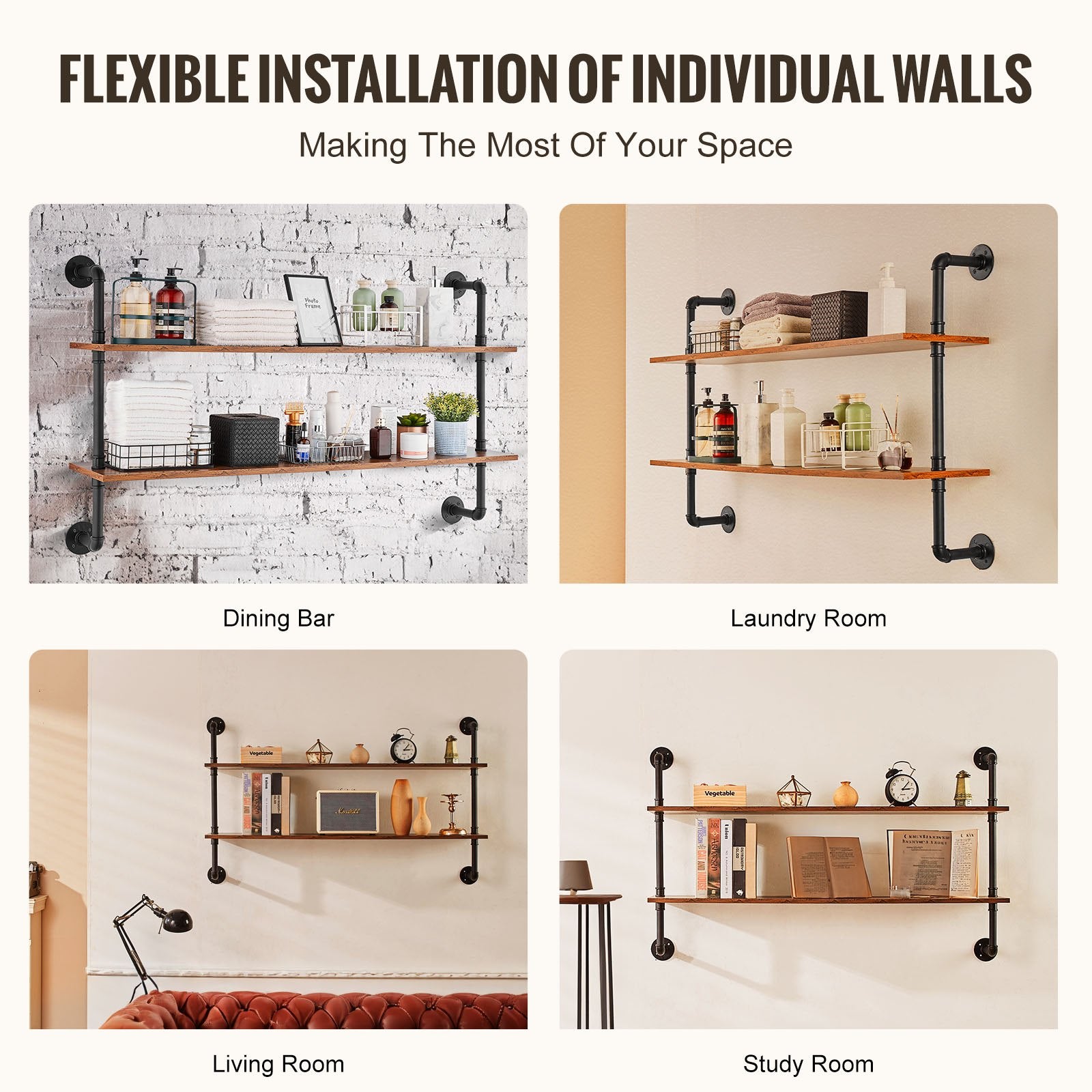 VEVOR Industrial Pipe Shelf 2 Tier 48x 9.84in Wall-Mount for Kitchen Bedroom