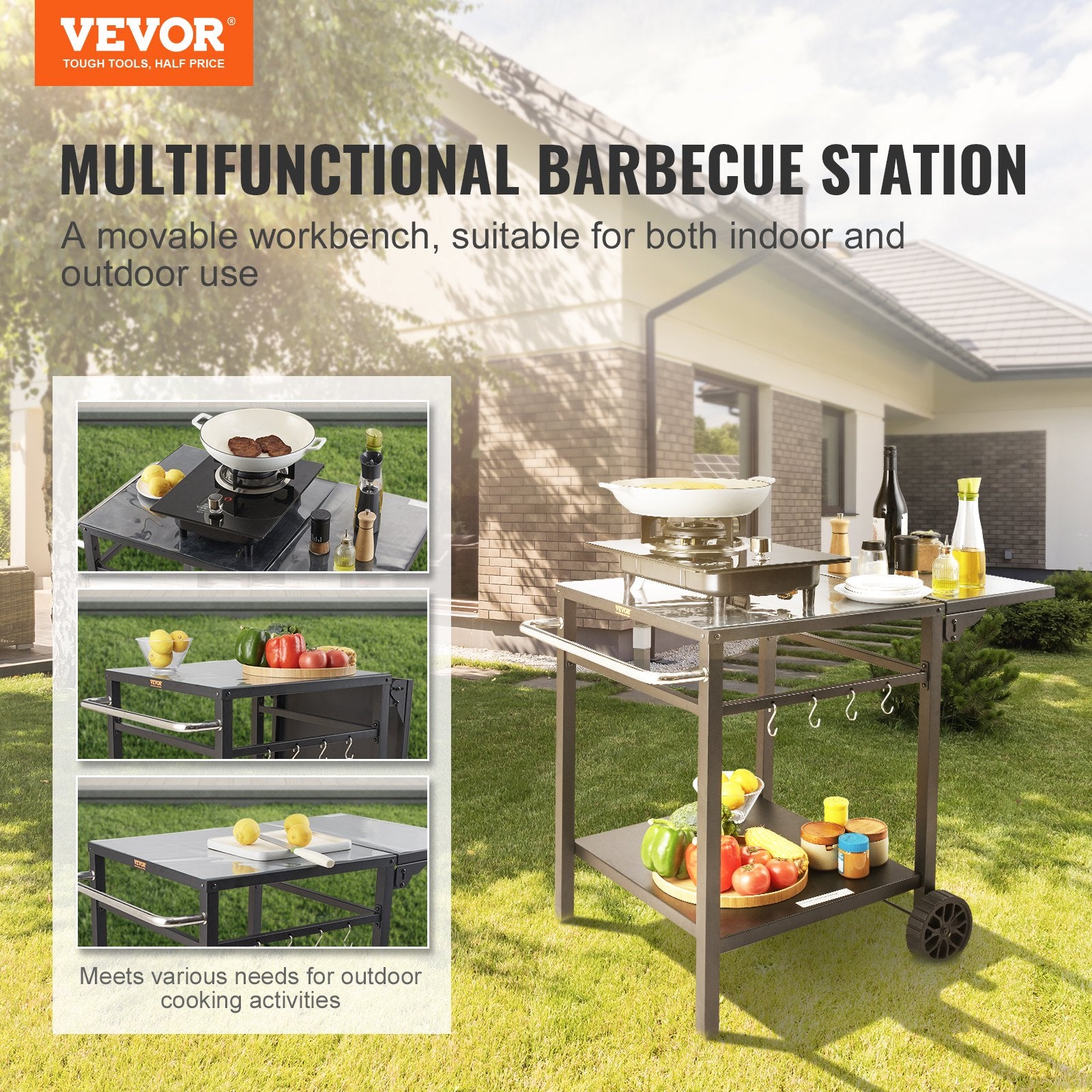 VEVOR Outdoor Grill Dining Cart with Double-Shelf, 55*55cm BBQ Movable Food Prep Table, Multifunctional Foldable Iron Table Top, Portable Modular Carts for Pizza Oven, Worktable with 2 Wheels, Carry Handle