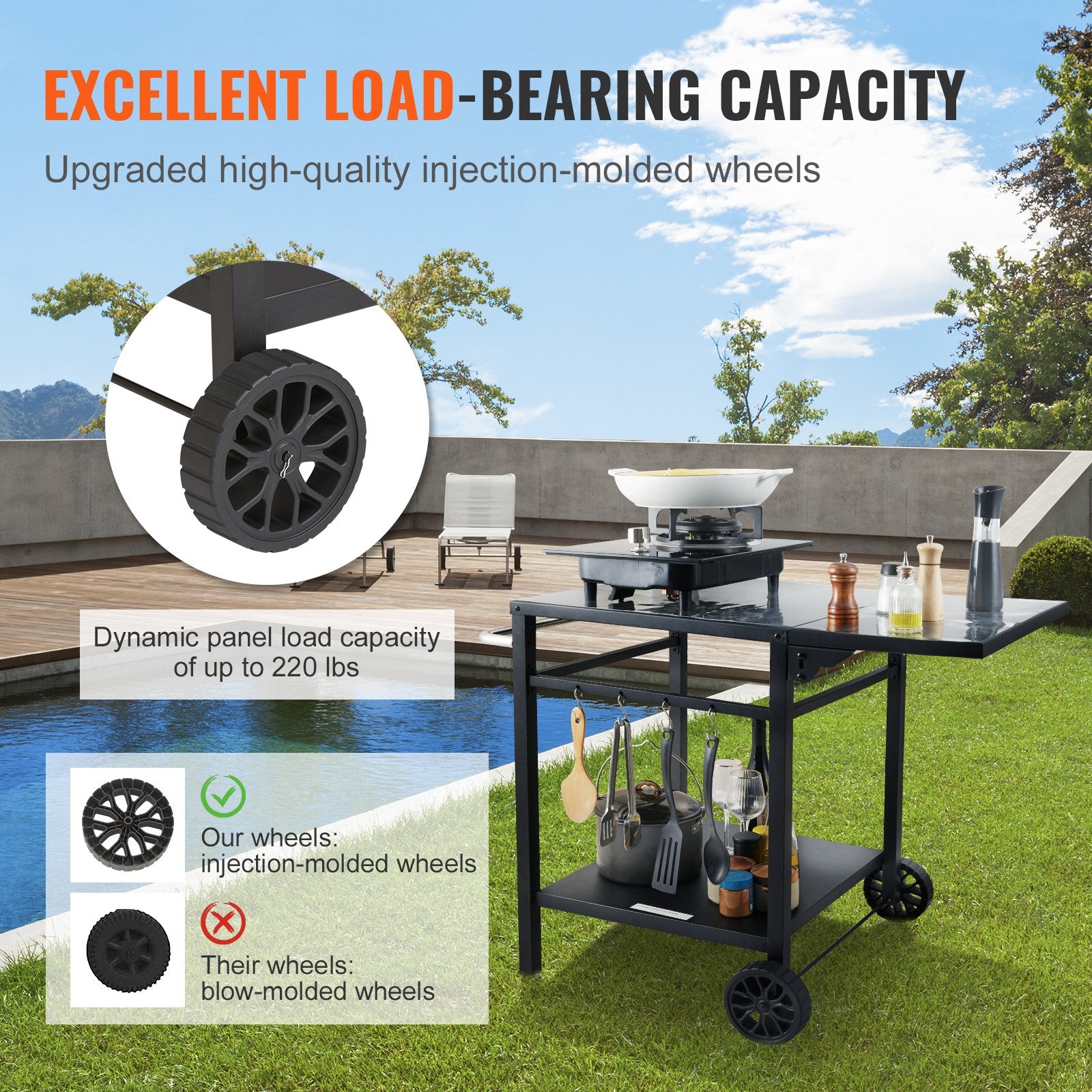 VEVOR Outdoor Grill Dining Cart with Double-Shelf, 55*55cm BBQ Movable Food Prep Table, Multifunctional Foldable Iron Table Top, Portable Modular Carts for Pizza Oven, Worktable with 2 Wheels, Carry Handle