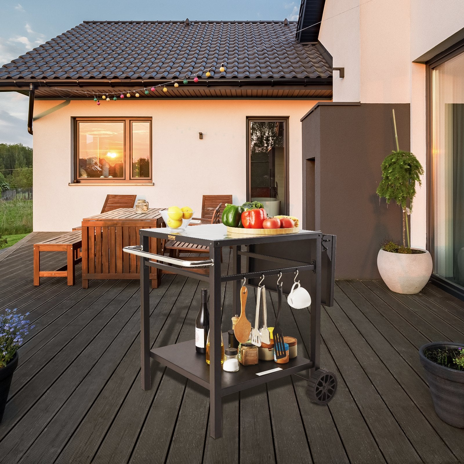 VEVOR Outdoor Grill Dining Cart with Double-Shelf, 55*55cm BBQ Movable Food Prep Table, Multifunctional Foldable Iron Table Top, Portable Modular Carts for Pizza Oven, Worktable with 2 Wheels, Carry Handle