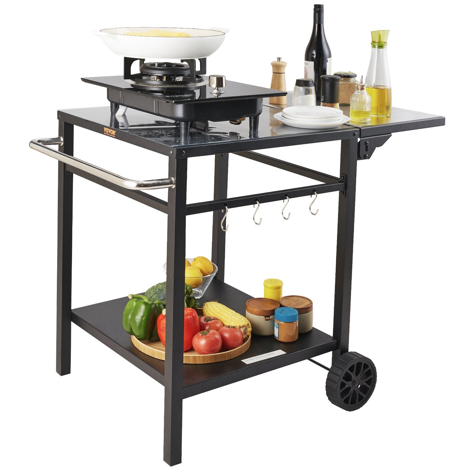 VEVOR Outdoor Grill Dining Cart with Double-Shelf, 55*55cm BBQ Movable Food Prep Table, Multifunctional Foldable Iron Table Top, Portable Modular Carts for Pizza Oven, Worktable with 2 Wheels, Carry Handle