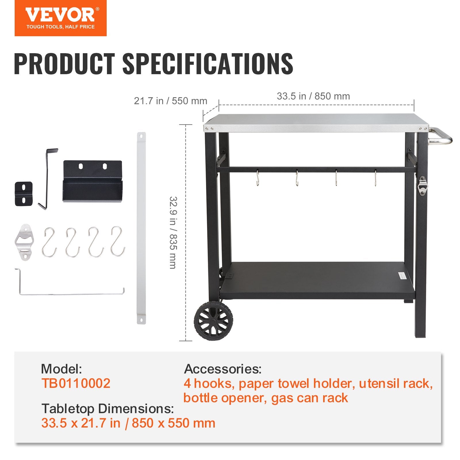 VEVOR Outdoor Grill Dining Cart with Double-Shelf, 85*55cm BBQ Movable Food Prep Table, Multifunctional Stainless Steel Table Top, Portable Modular Carts for Pizza Oven, Worktable with 2 Wheels, Carry Handle