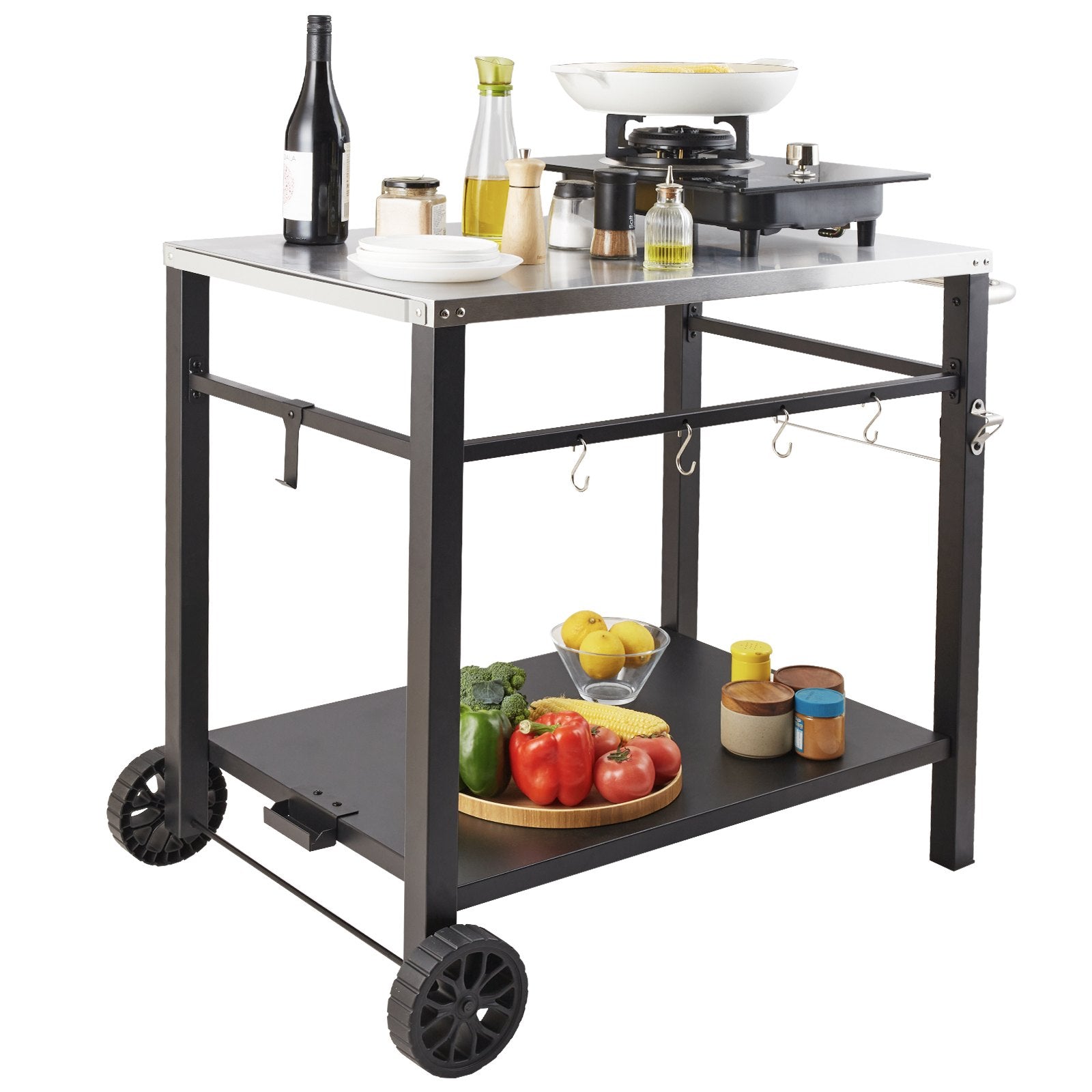 VEVOR Outdoor Grill Dining Cart with Double-Shelf, 85*55cm BBQ Movable Food Prep Table, Multifunctional Stainless Steel Table Top, Portable Modular Carts for Pizza Oven, Worktable with 2 Wheels, Carry Handle
