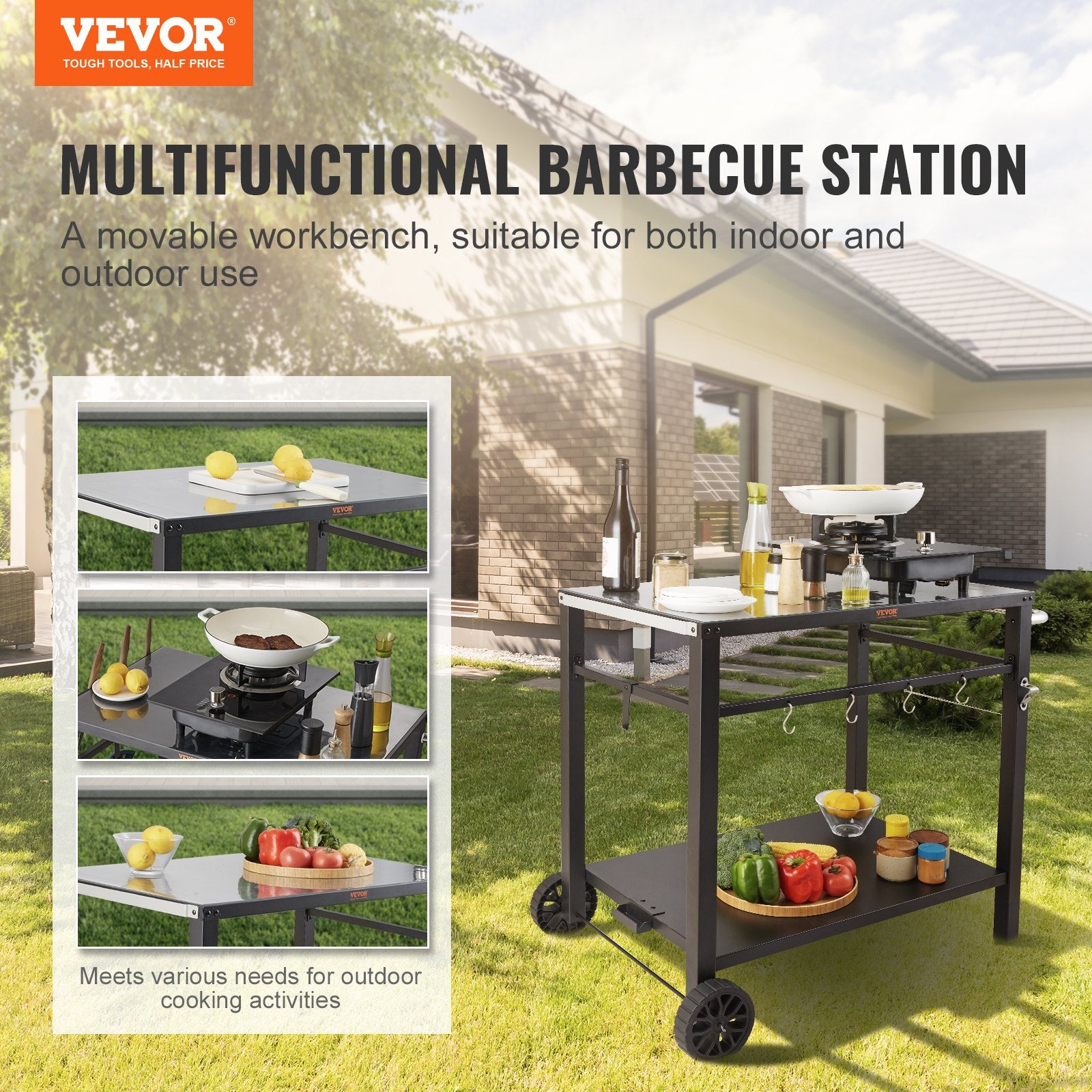 VEVOR Outdoor Grill Dining Cart with Double-Shelf, 85*55cm BBQ Movable Food Prep Table, Multifunctional Iron Table Top, Portable Modular Carts for Pizza Oven, Worktable with 2 Wheels, Carry Handle, Black