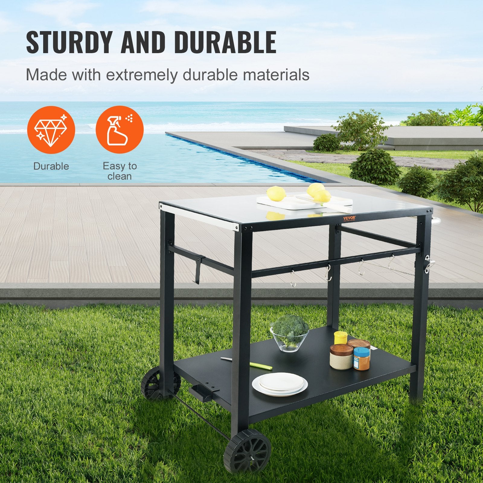 VEVOR Outdoor Grill Dining Cart with Double-Shelf, 85*55cm BBQ Movable Food Prep Table, Multifunctional Iron Table Top, Portable Modular Carts for Pizza Oven, Worktable with 2 Wheels, Carry Handle, Black