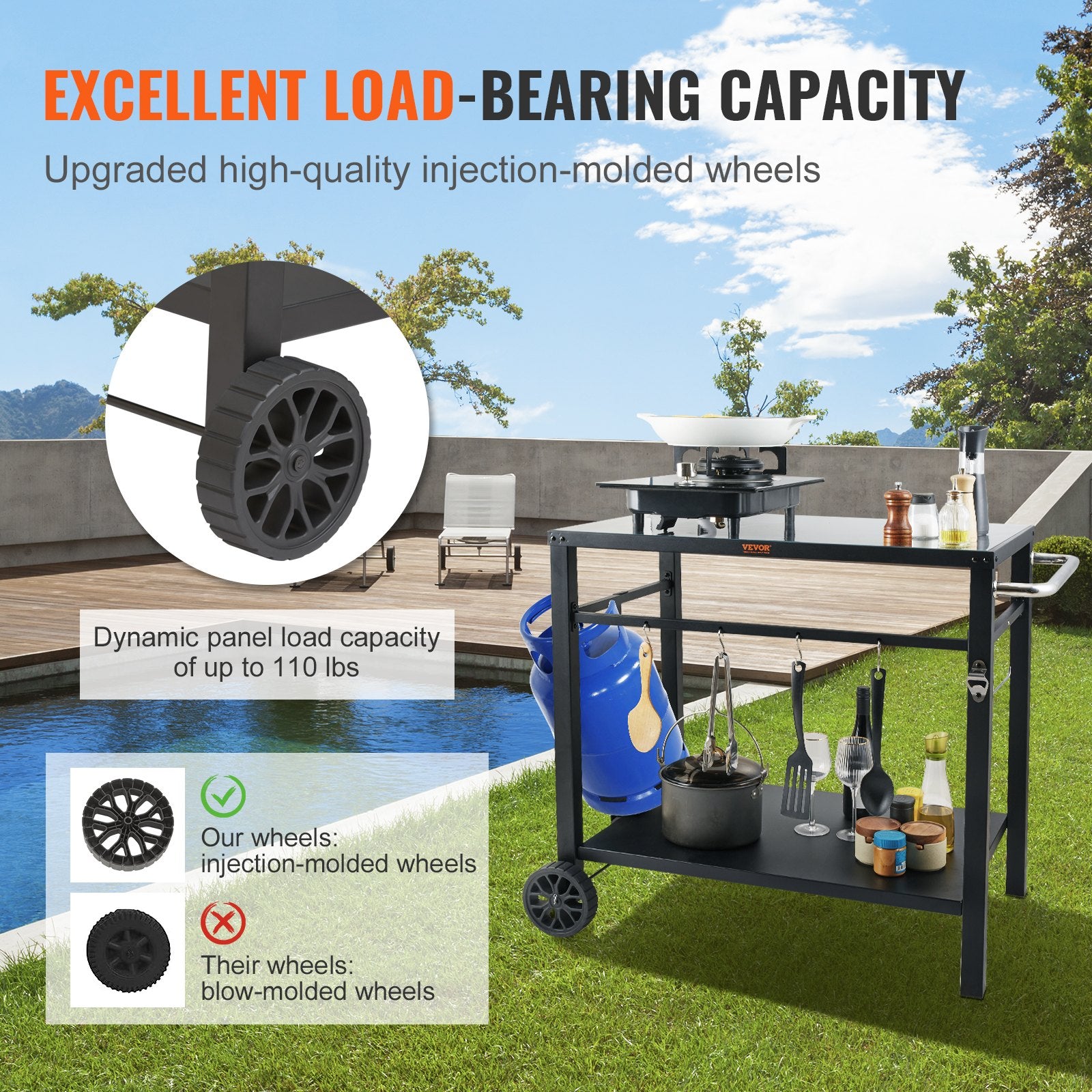 VEVOR Outdoor Grill Dining Cart with Double-Shelf, 85*55cm BBQ Movable Food Prep Table, Multifunctional Iron Table Top, Portable Modular Carts for Pizza Oven, Worktable with 2 Wheels, Carry Handle, Black