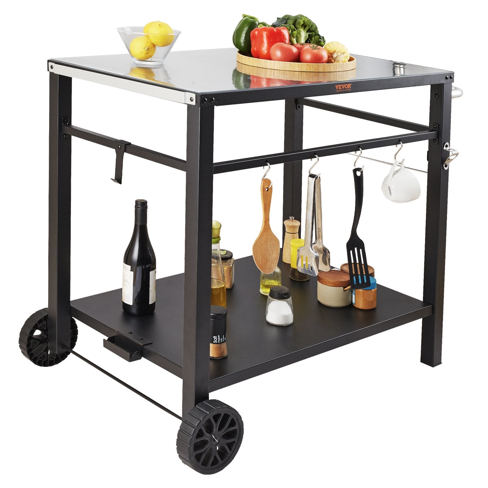 VEVOR Outdoor Grill Dining Cart with Double-Shelf, 85*55cm BBQ Movable Food Prep Table, Multifunctional Iron Table Top, Portable Modular Carts for Pizza Oven, Worktable with 2 Wheels, Carry Handle, Black