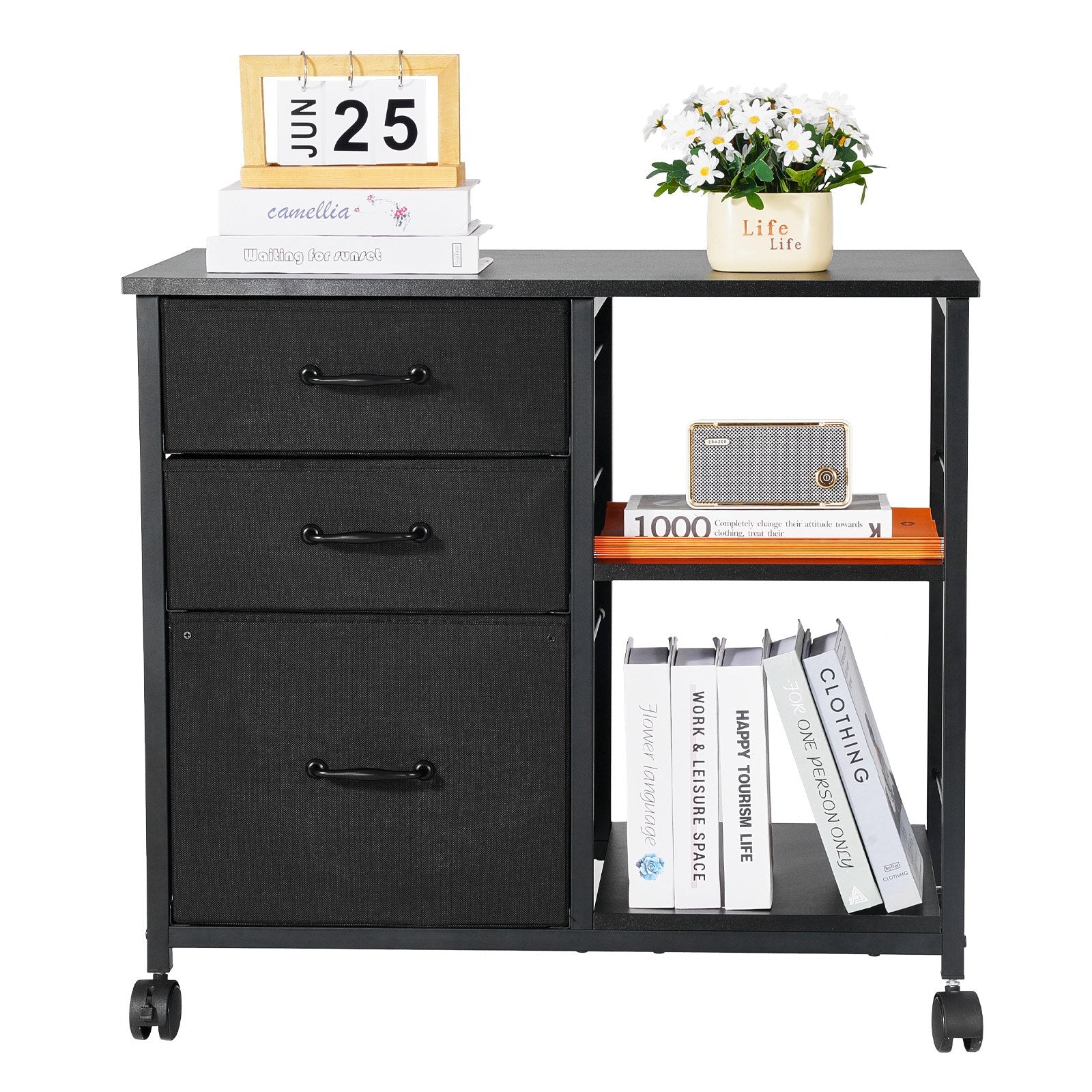 VEVOR Mobile Metal File Cabinet with 3 Fabric Drawers and 2 Open Shelves Black