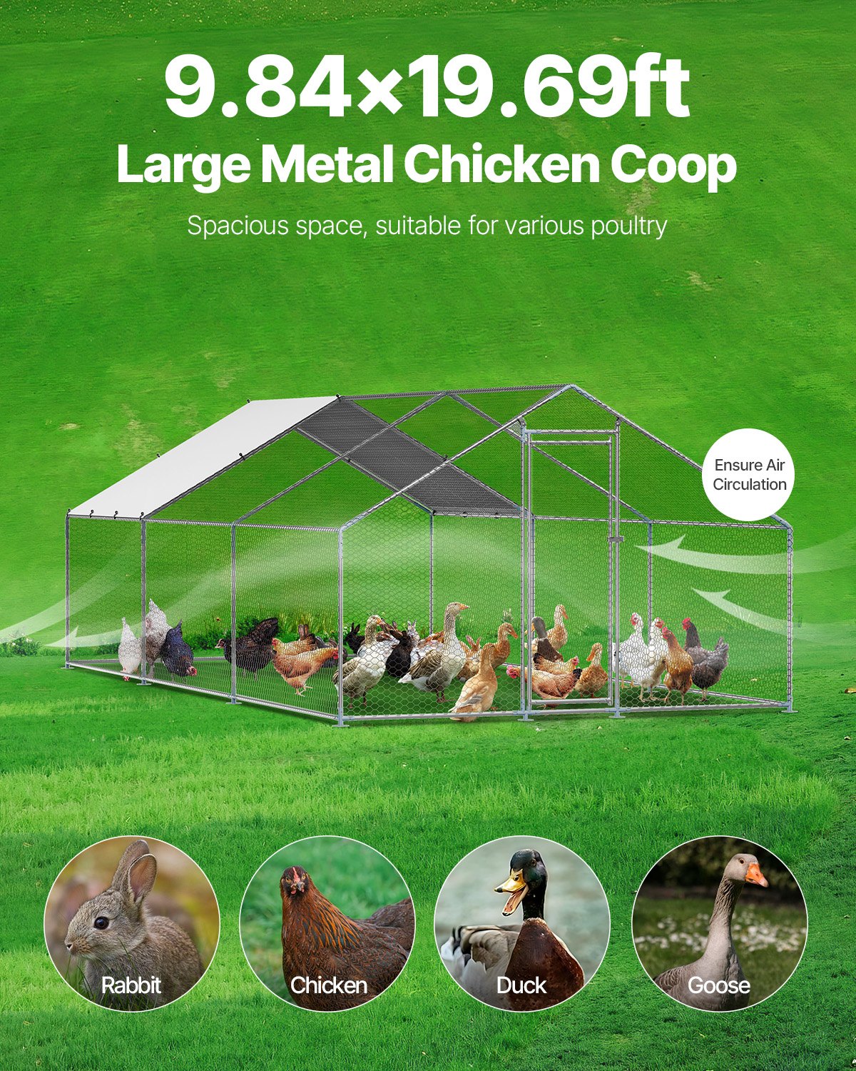 VEVOR Metal Chicken Coop 9.8x19.6x6.5 ft Walk-in Chicken Run with Cover Spire Roof