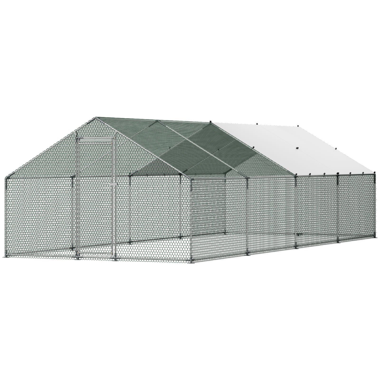 Metal Chicken Coop, 9.8x26.2x6.5 ft Large Walk-in Chicken Runs with Cover, Spire Roof Hen House Enclosure with Security Lock, Outdoor Duck Rabbit Cage Poultry Pen for Backyard, Farm, Yard