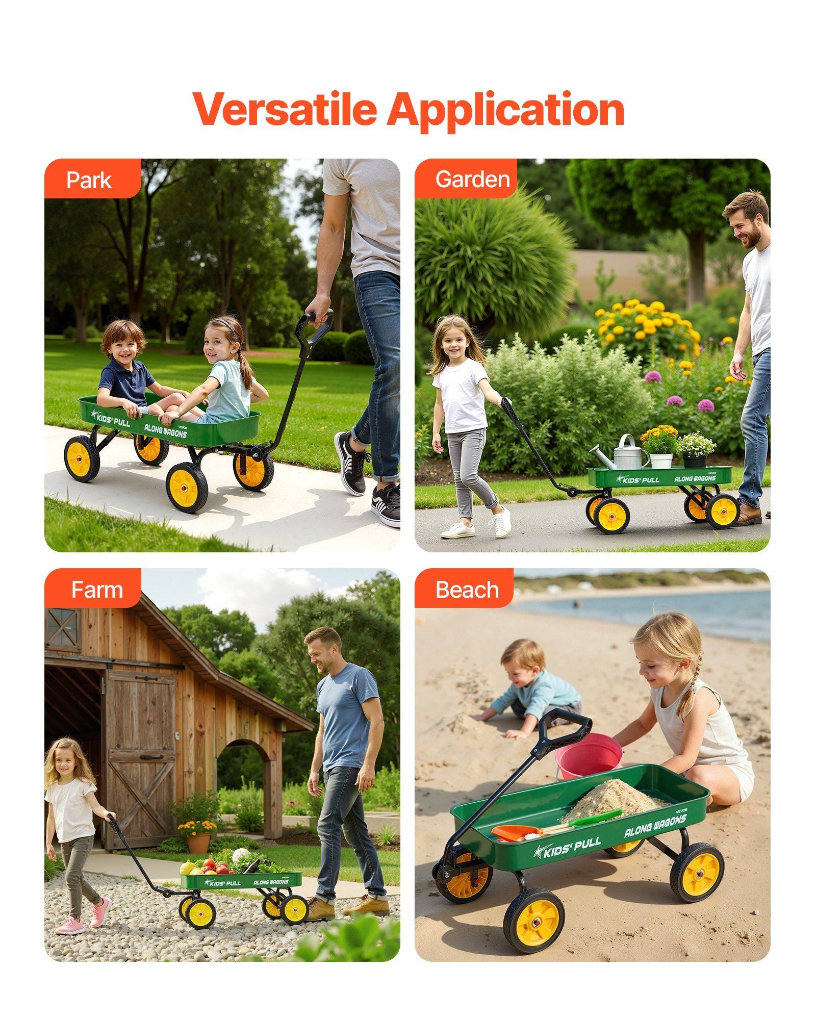 Pull-Along Wagon for Kids, 101 cm Toddler Wagons, Supports up to 80kg, All-Terrain Wagons with Handle, Utility Wagon Cart Birthday Present for Kids Gardening Beach Camping, Green