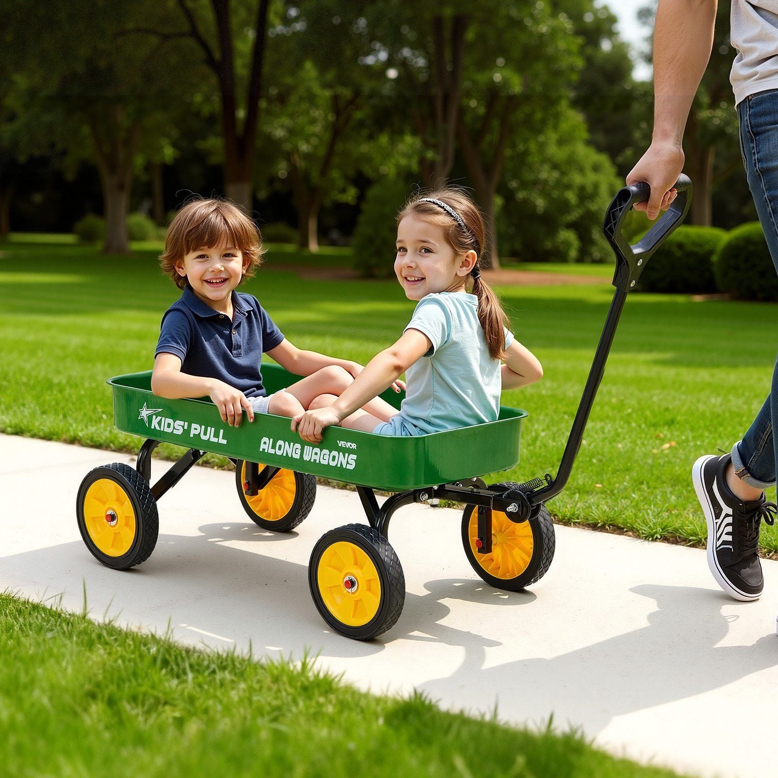 Pull-Along Wagon for Kids, 101 cm Toddler Wagons, Supports up to 80kg, All-Terrain Wagons with Handle, Utility Wagon Cart Birthday Present for Kids Gardening Beach Camping, Green