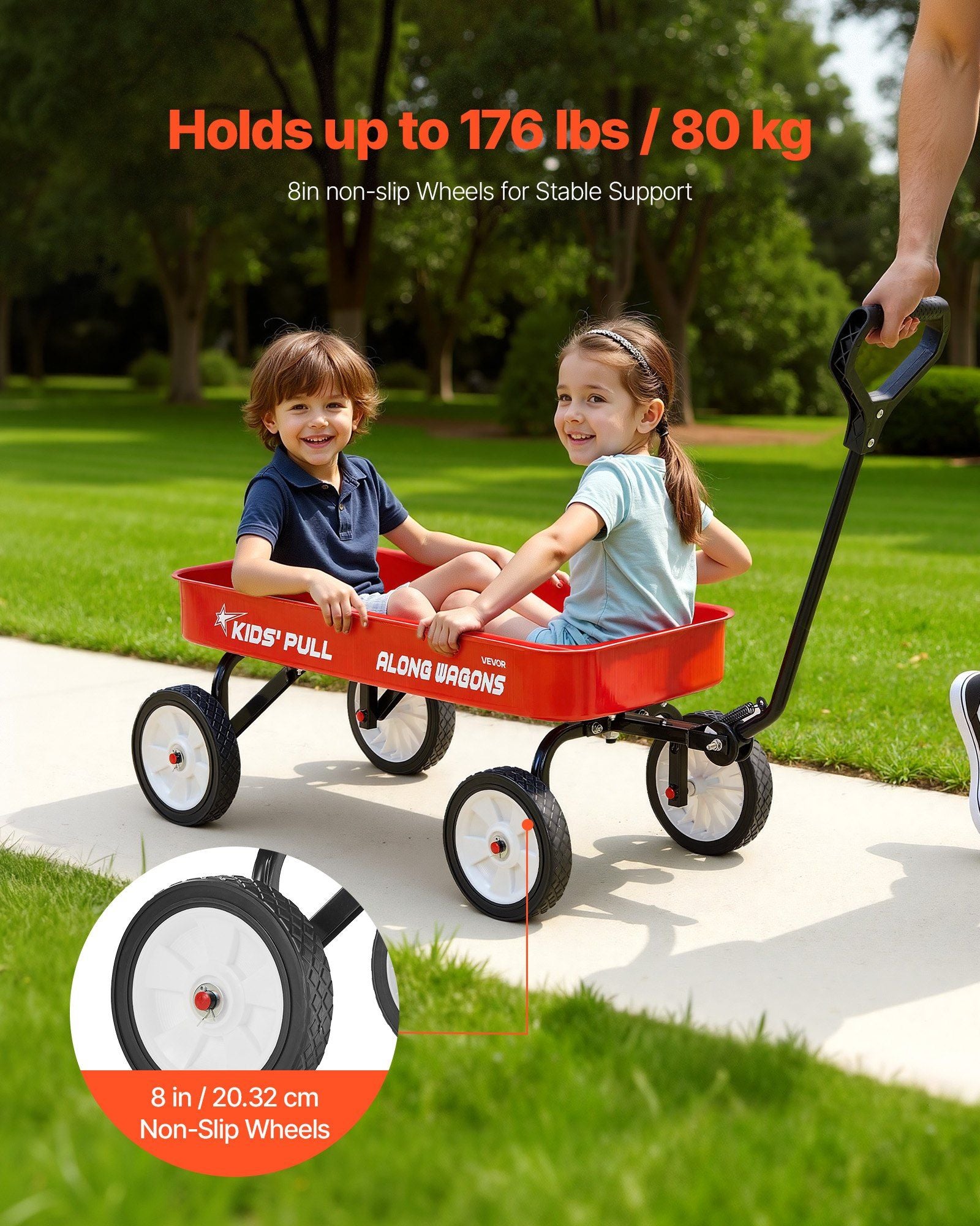 Pull-Along Wagon for Kids, 101 cm Toddler Wagons, Supports up to 80kg, All-Terrain Wagons with Handle, Utility Wagon Cart Birthday Present for Kids Gardening Beach Camping, Red