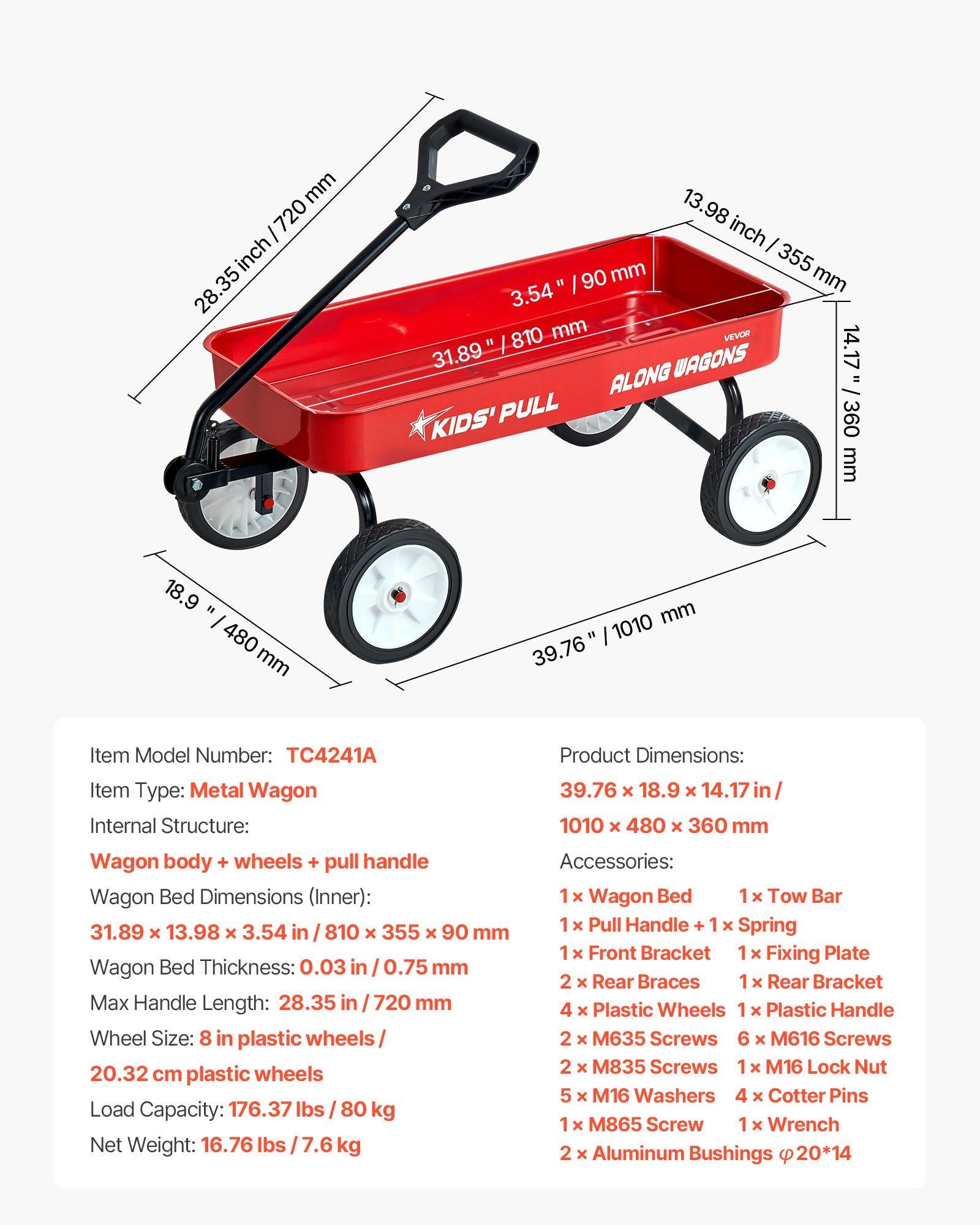 Pull-Along Wagon for Kids, 101 cm Toddler Wagons, Supports up to 80kg, All-Terrain Wagons with Handle, Utility Wagon Cart Birthday Present for Kids Gardening Beach Camping, Red