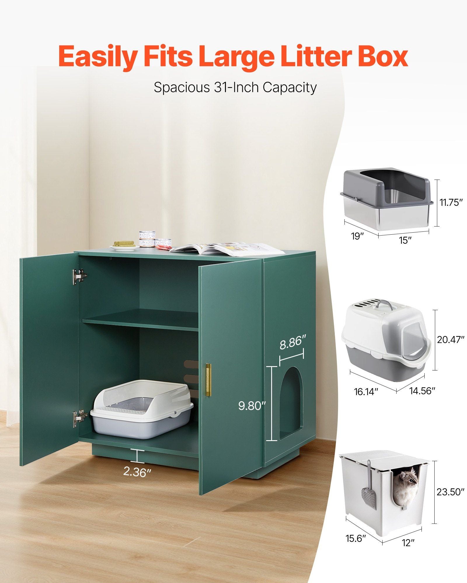 Cat Litter Box Enclosure, 80 cm Hidden Litter Box Cabinet, Wooden Indoor Cat Washroom with Ventilated Holes, Double-Door Kitty Pet House Furniture, End Side Table Fit Most Litterboxes
