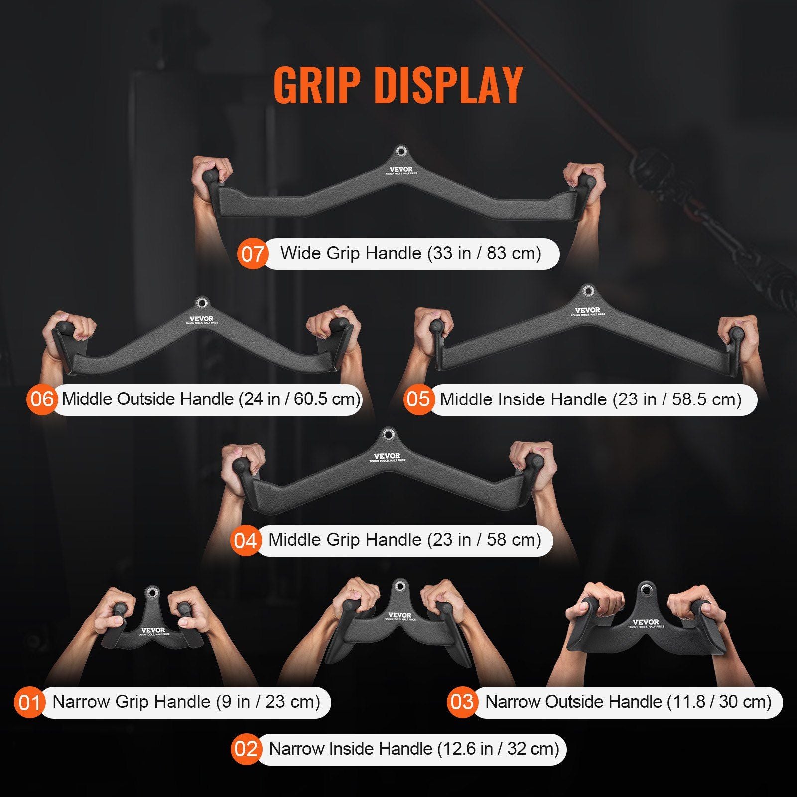 LAT Pulldown Attachments, Cable Machine Rowing T-bar V-bar 7 Set, Tricep Pull Down Bar, Back Strength Training Rubber Coated Handle Grip, Bicep Curl Tricep Lat Pulldown Bar for Home Gym Fitness
