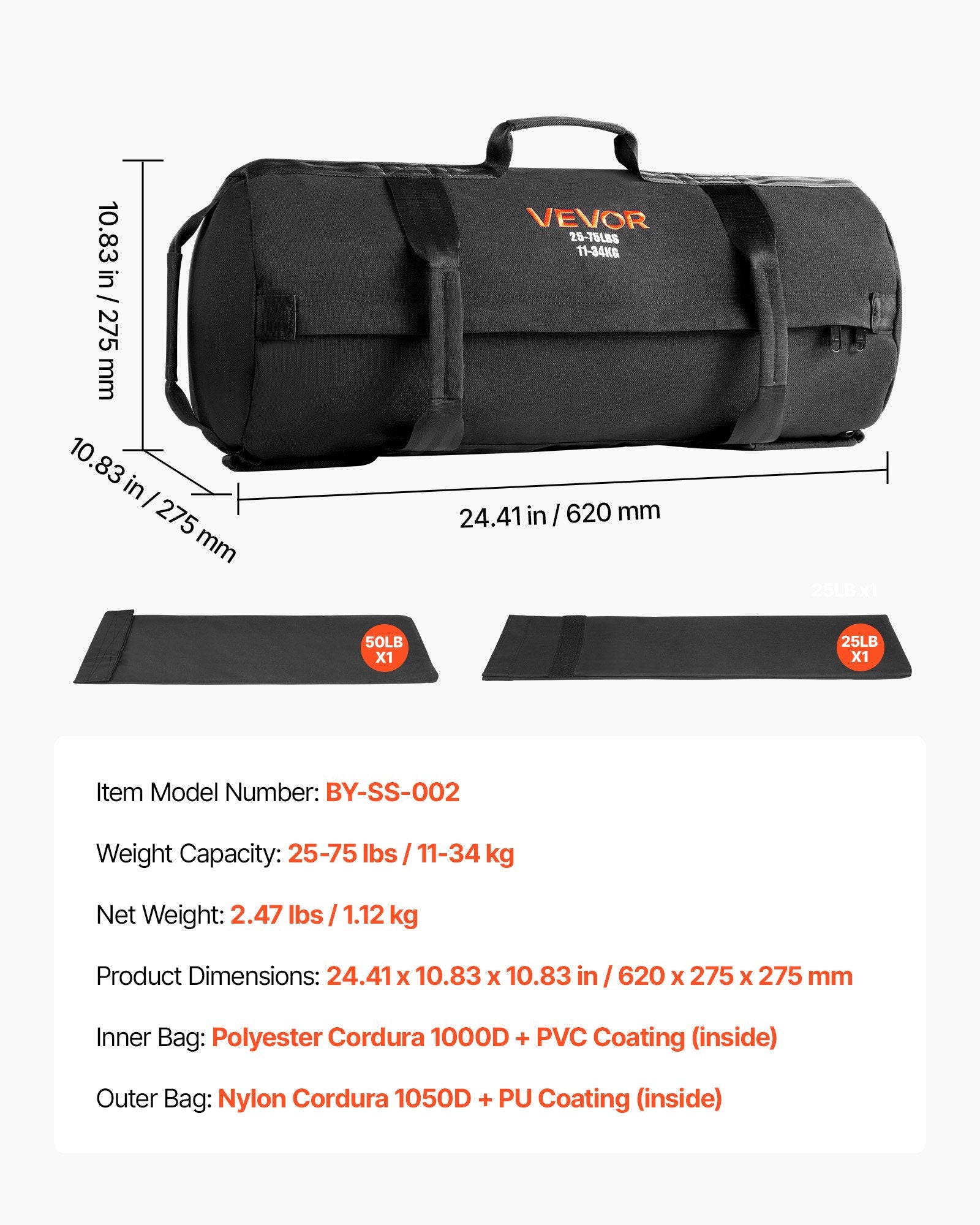 VEVOR Workout Sandbag, Heavy Duty Workout Power Bags with Handles, 11-34 kg Adjustable Slam Bag for Fitness Strength Weight Training Cross-Training, Home Gym Exercise, Black (Unfilled)