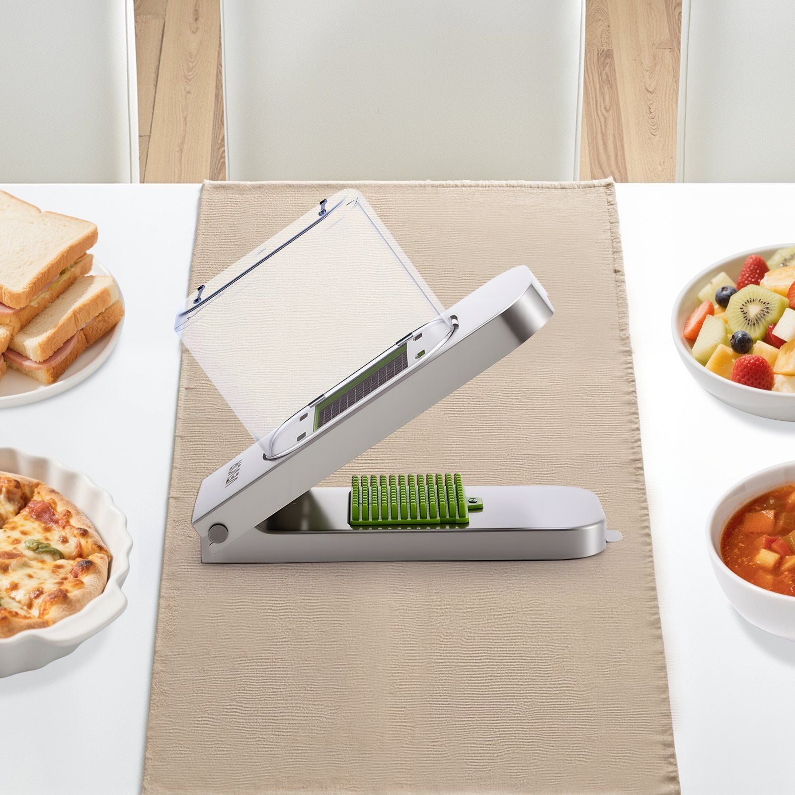 Vegetable Chopper, Food Veggie Cutter with 3 Stainless Steel Blades, Onion Slicer with Container, Salad Potato Dicer Kitchen Gadgets & Essentials Home Appliances Tools for Easy DIY, Silver