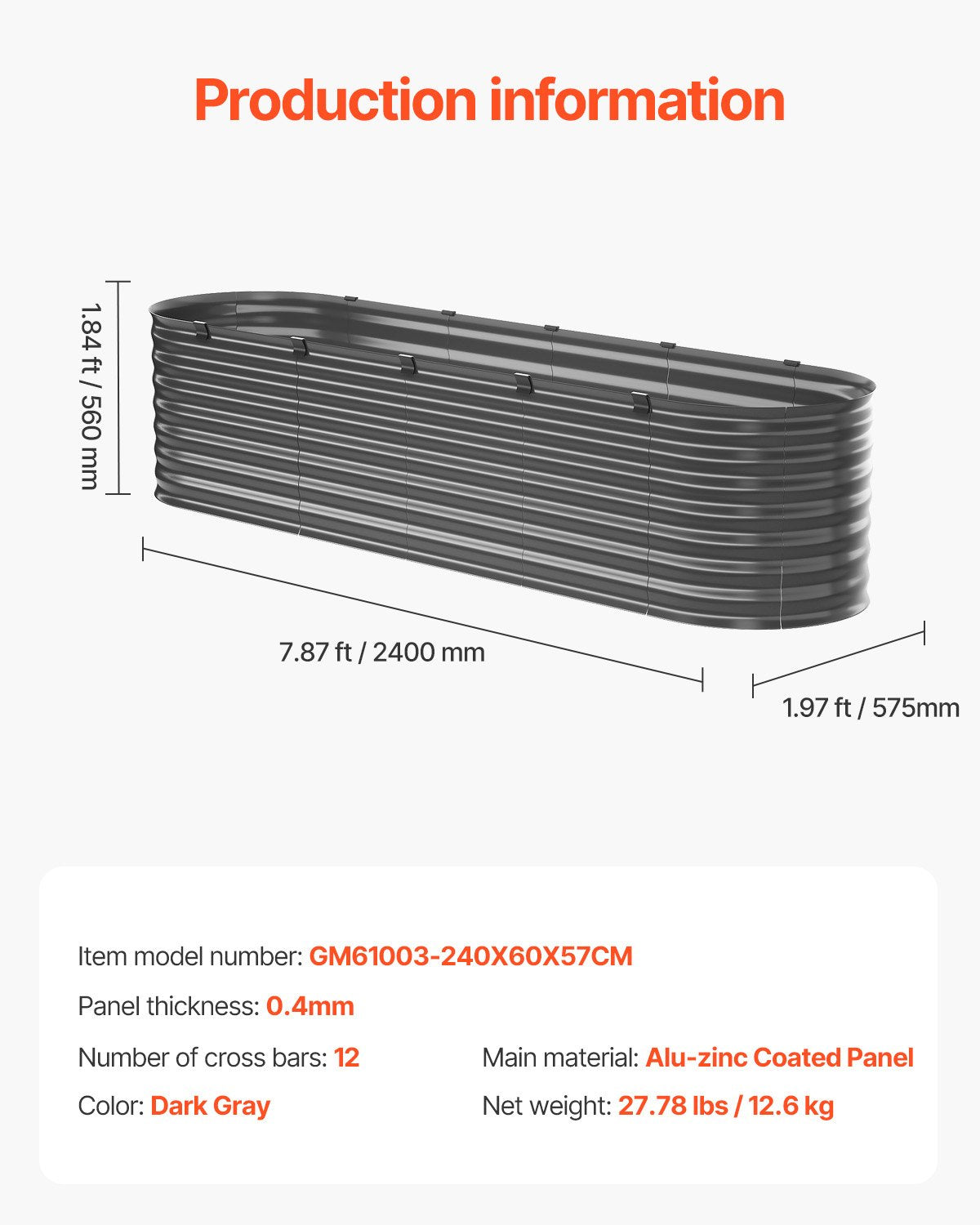 VEVOR Metal Raised Garden Bed, 8 x 2 x 2 ft Outdoor Galvanized Planter Box, with Open Bottom, Large Oval Planter Raised Bed for Gardening Vegetables, Flowers, Herbs, and Succulent Plants, Dark Gray