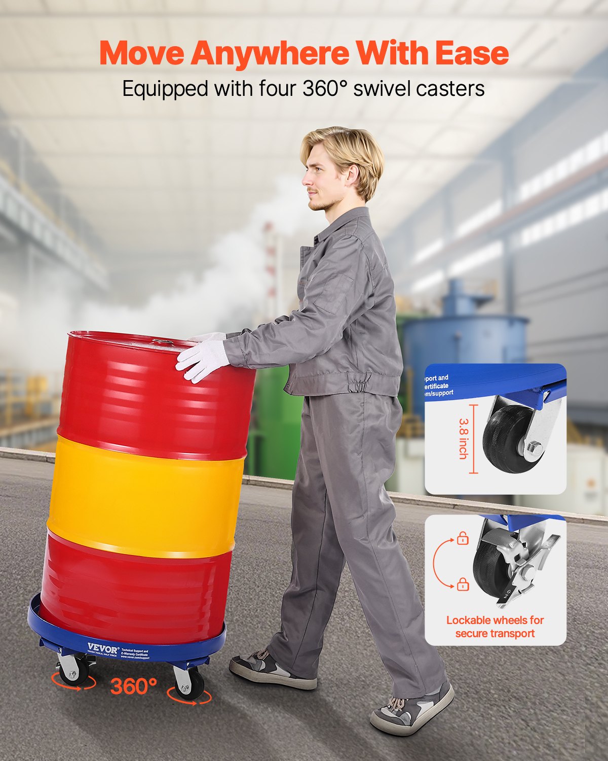 VEVOR 55 Gallon Drum Dolly 2000 lbs Barrel Dolly Cart Drum Caddy 4 Caster Wheels